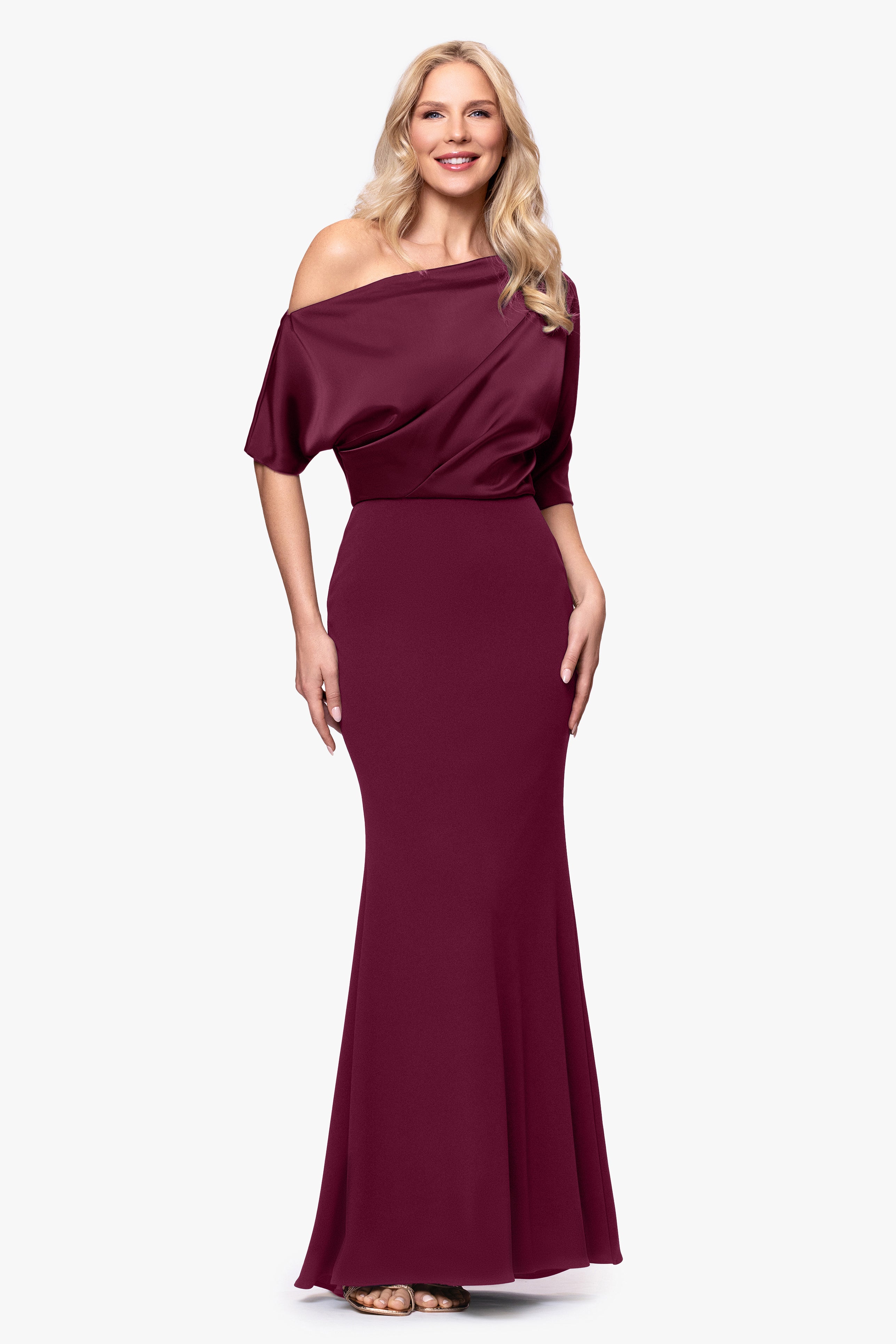 "Ana" Scuba Crepe Satin Drop Shoulder Floor Length Dress