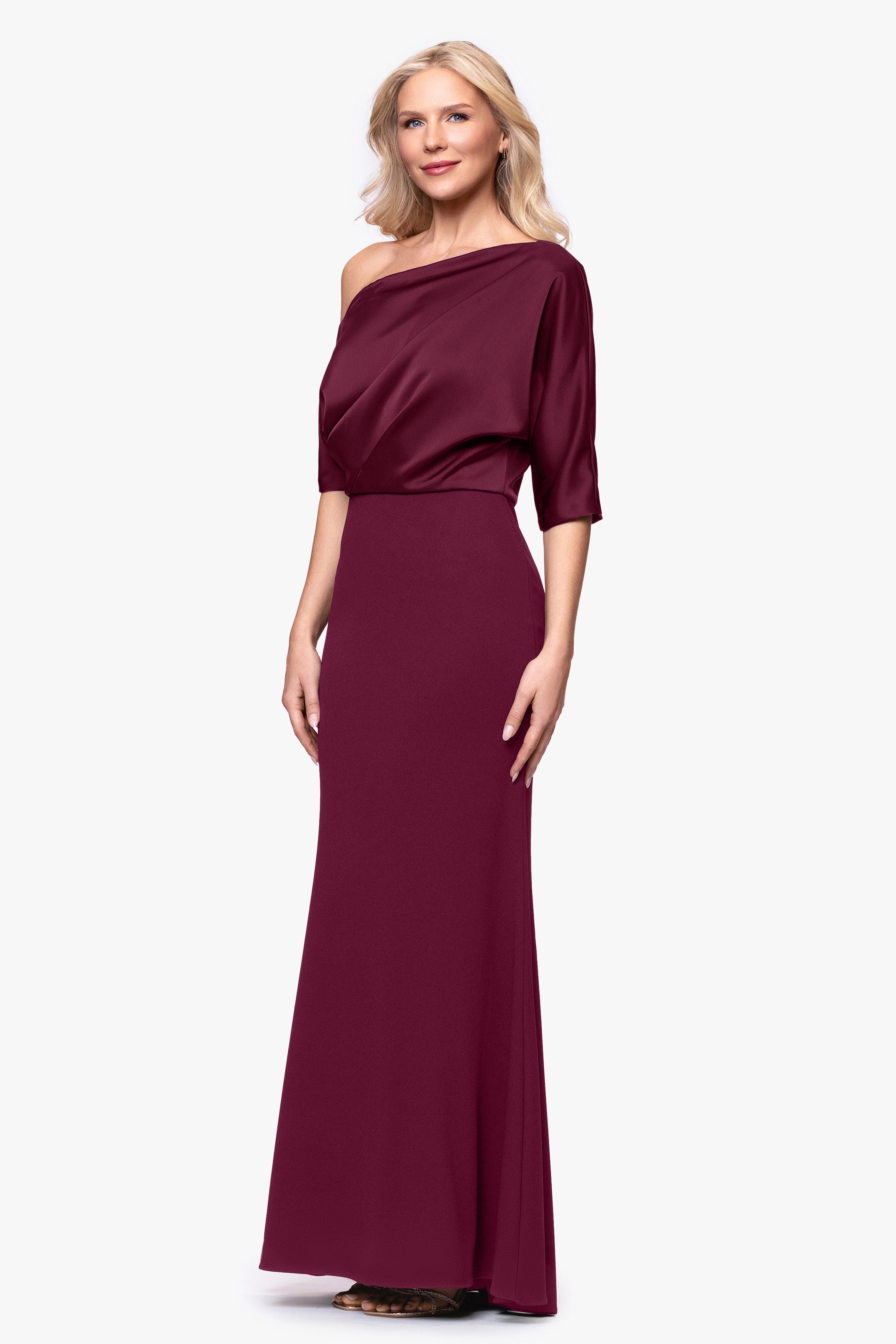 "Ana" Scuba Crepe Satin Drop Shoulder Floor Length Dress