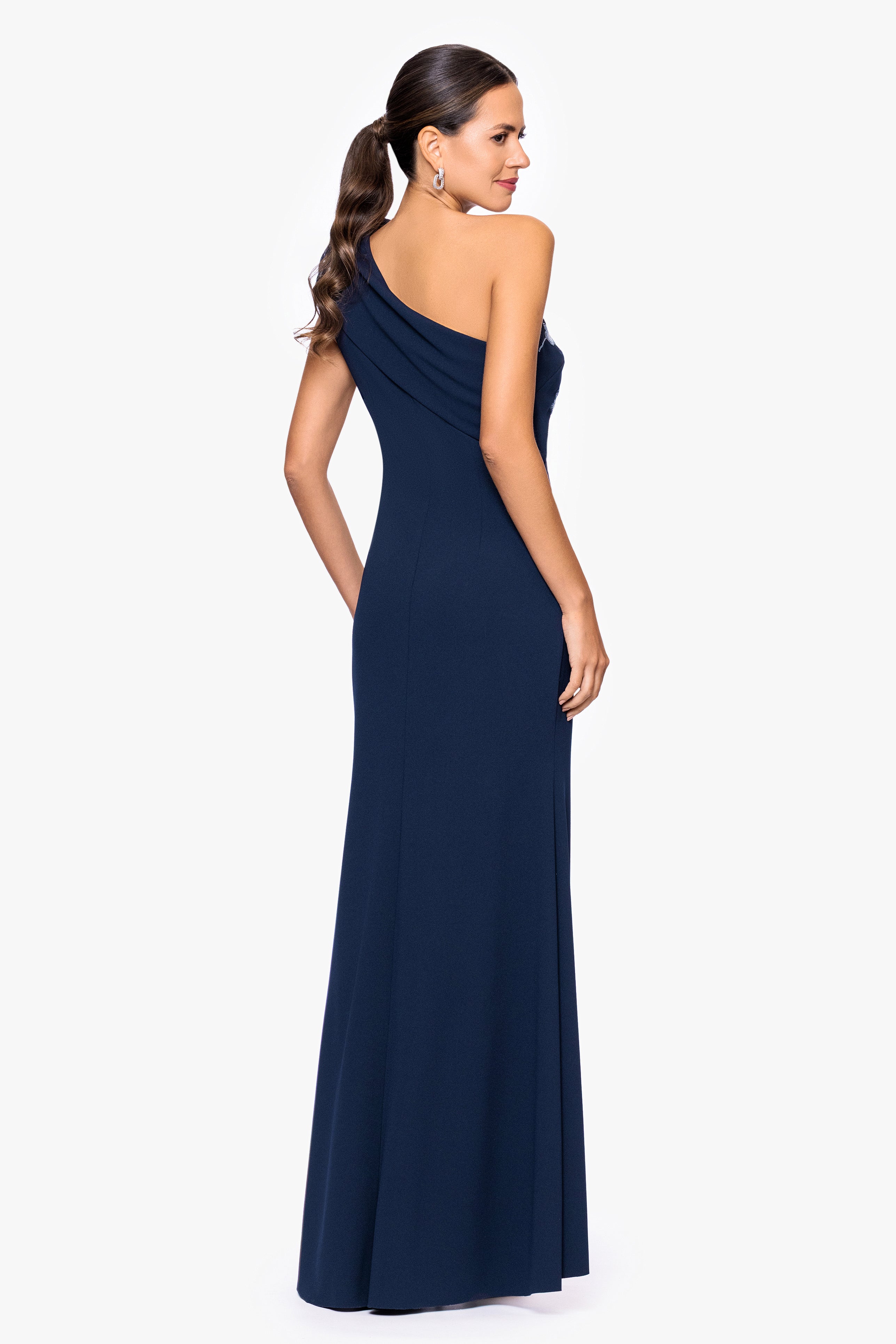 "Corinna" Scuba Crepe Embellished One Shoulder Floor Length Dress
