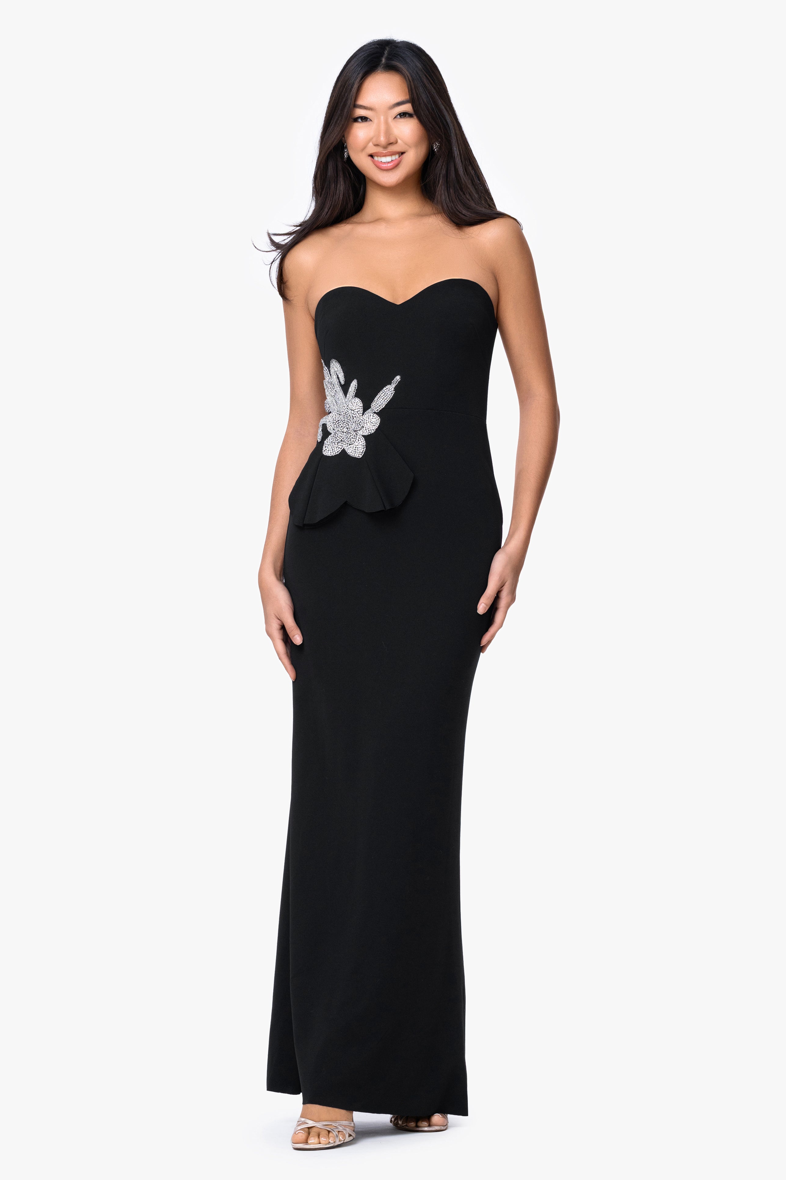 "Salma" Scuba Crepe Strapless Applique Floor Length Dress