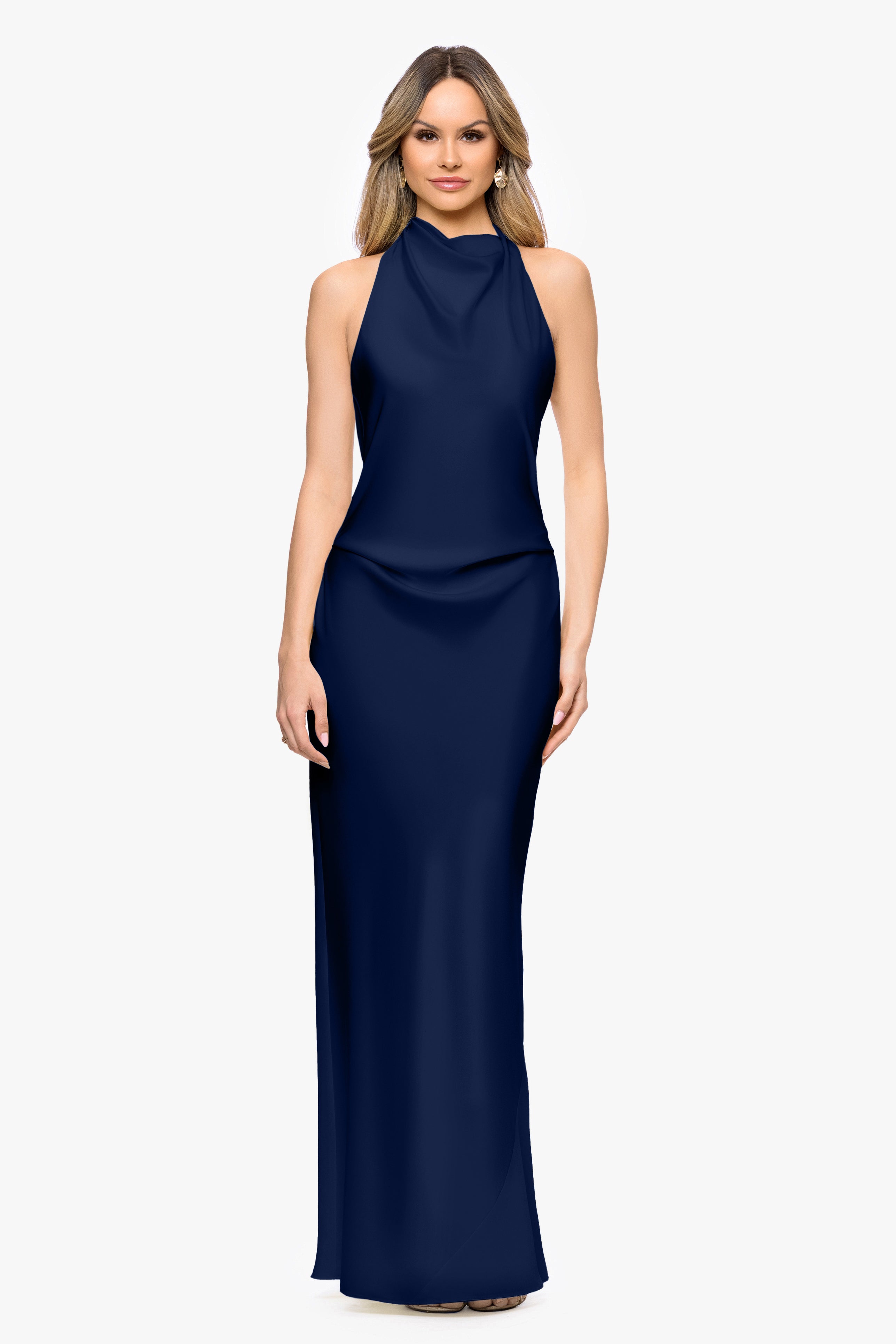 "Amina" Satin Halter Floor Length Dress