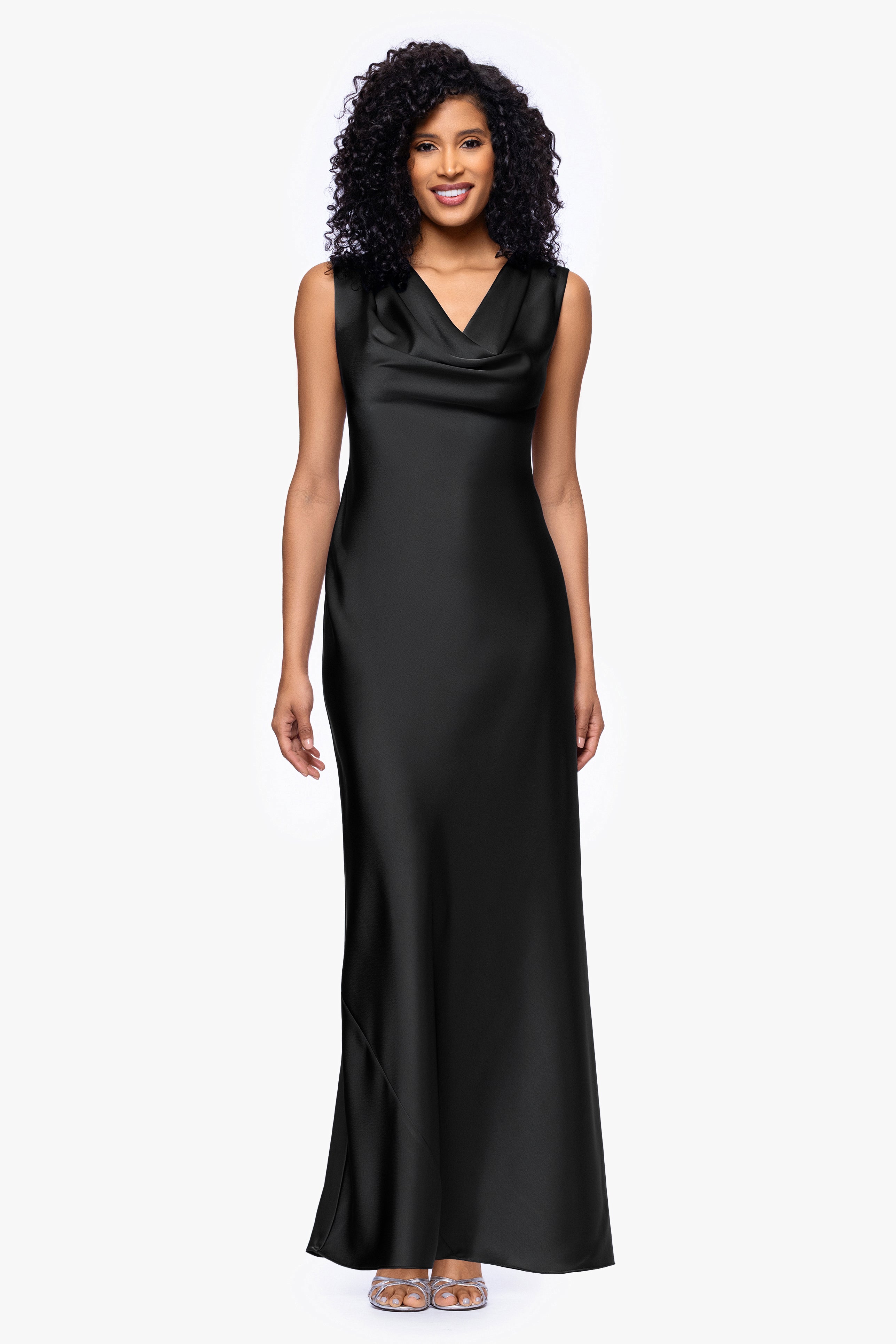 Petite "Amberly" Satin Drape Neck Dress