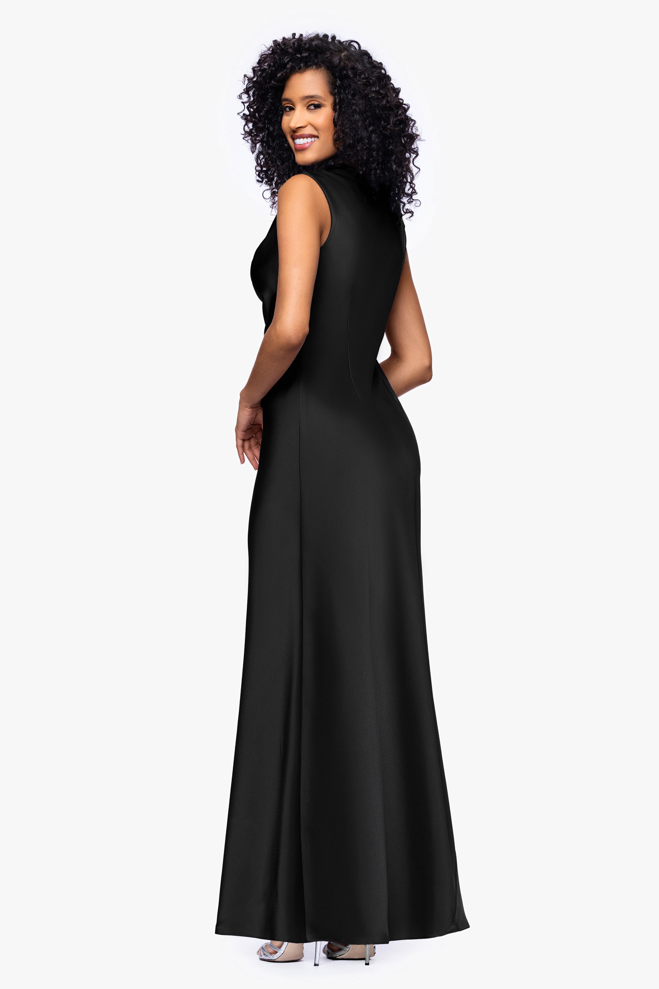 Petite "Amberly" Satin Drape Neck Dress