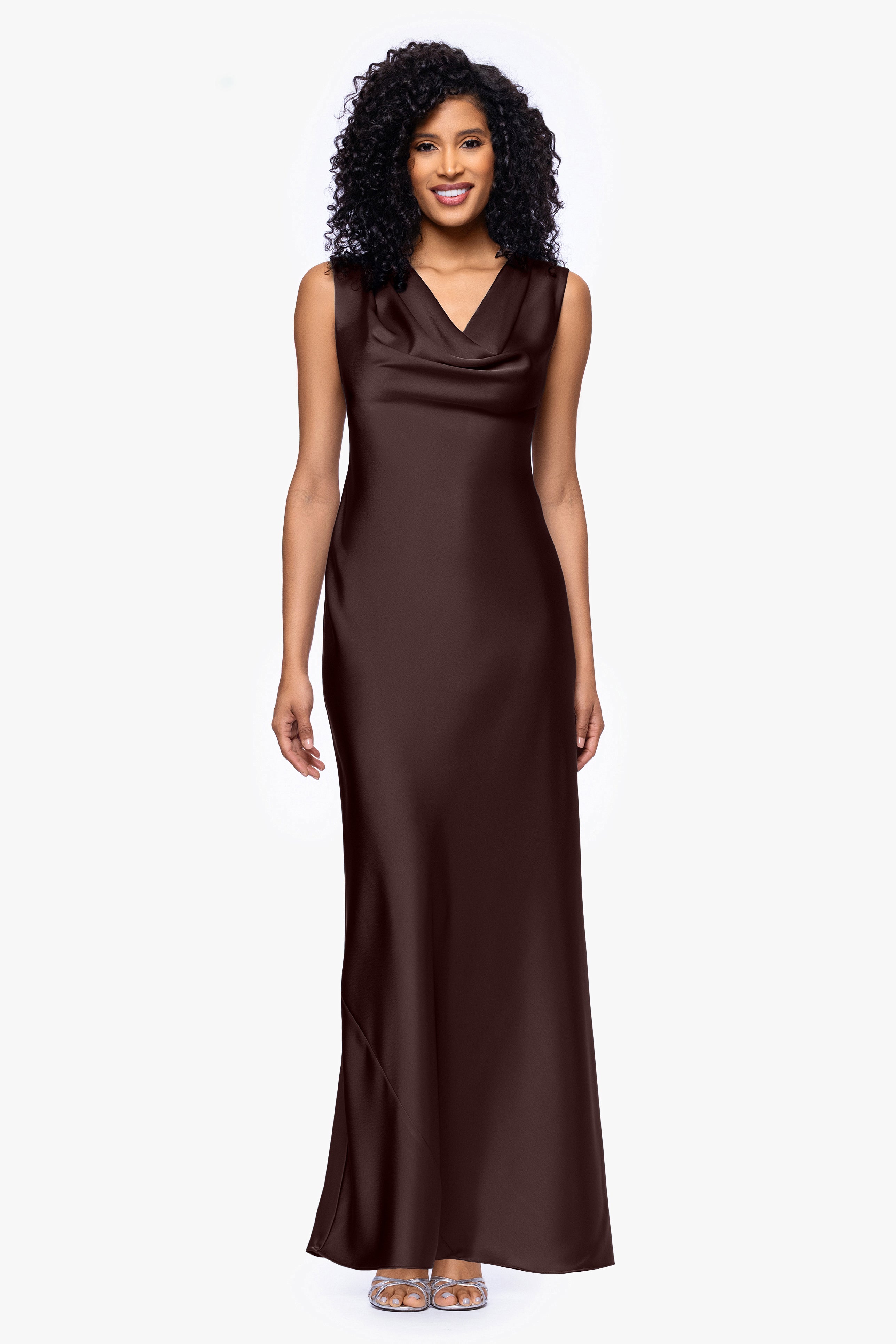 Amberly satin drape neck dress in brown, front view.