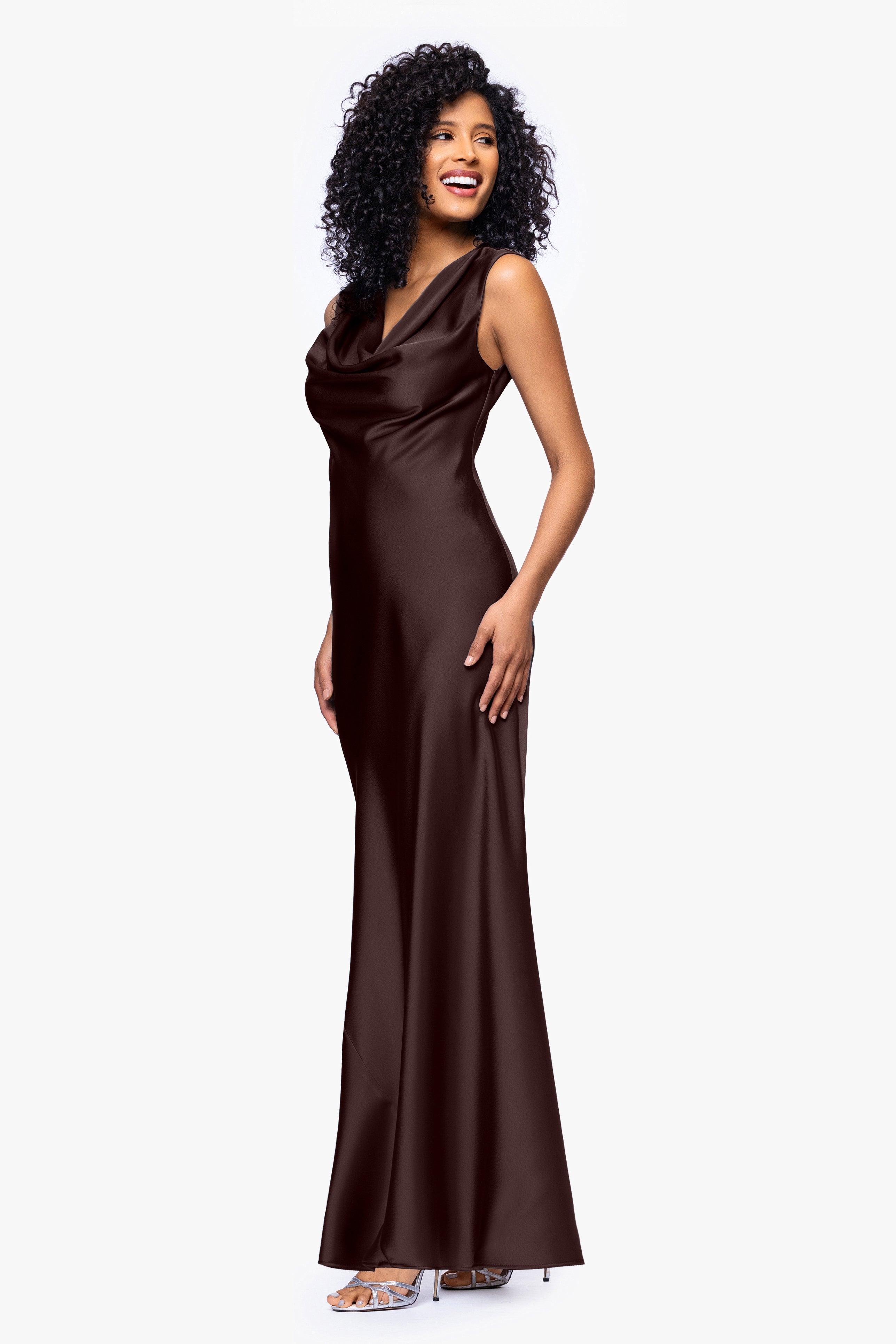 Amberly satin drape neck dress in brown, three-quarter view.