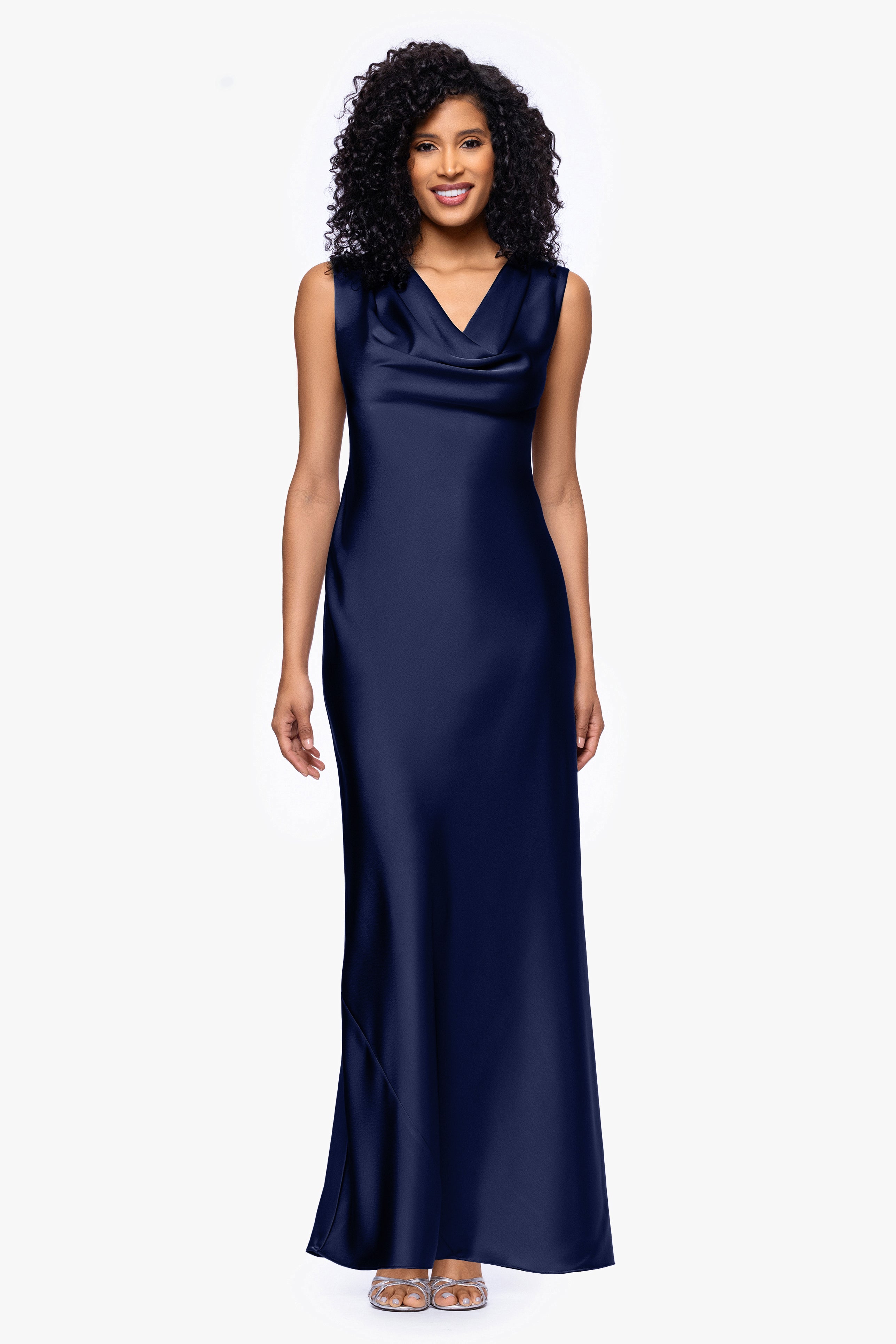 Petite "Amberly" Satin Drape Neck Dress
