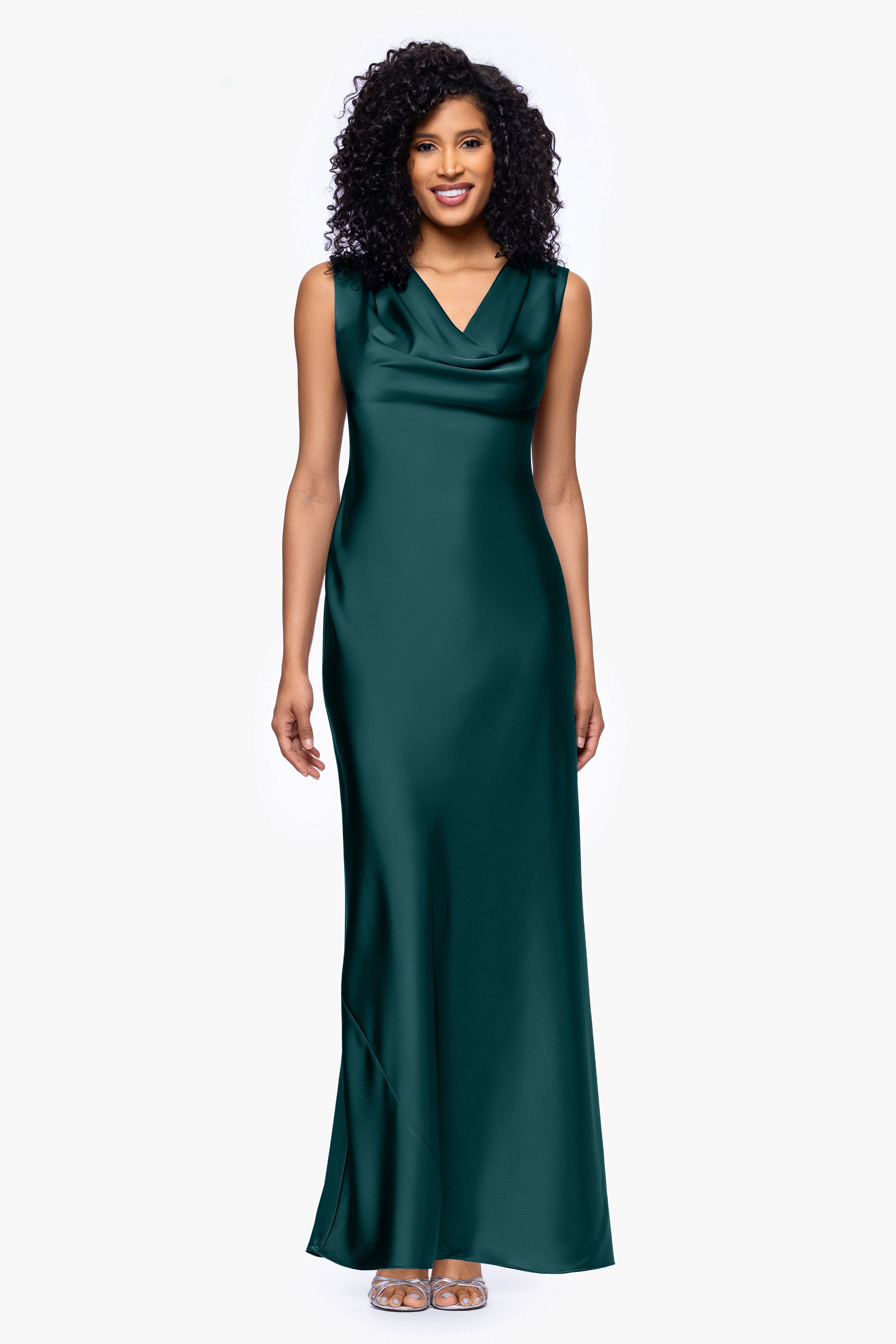 Petite "Amberly" Satin Drape Neck Dress