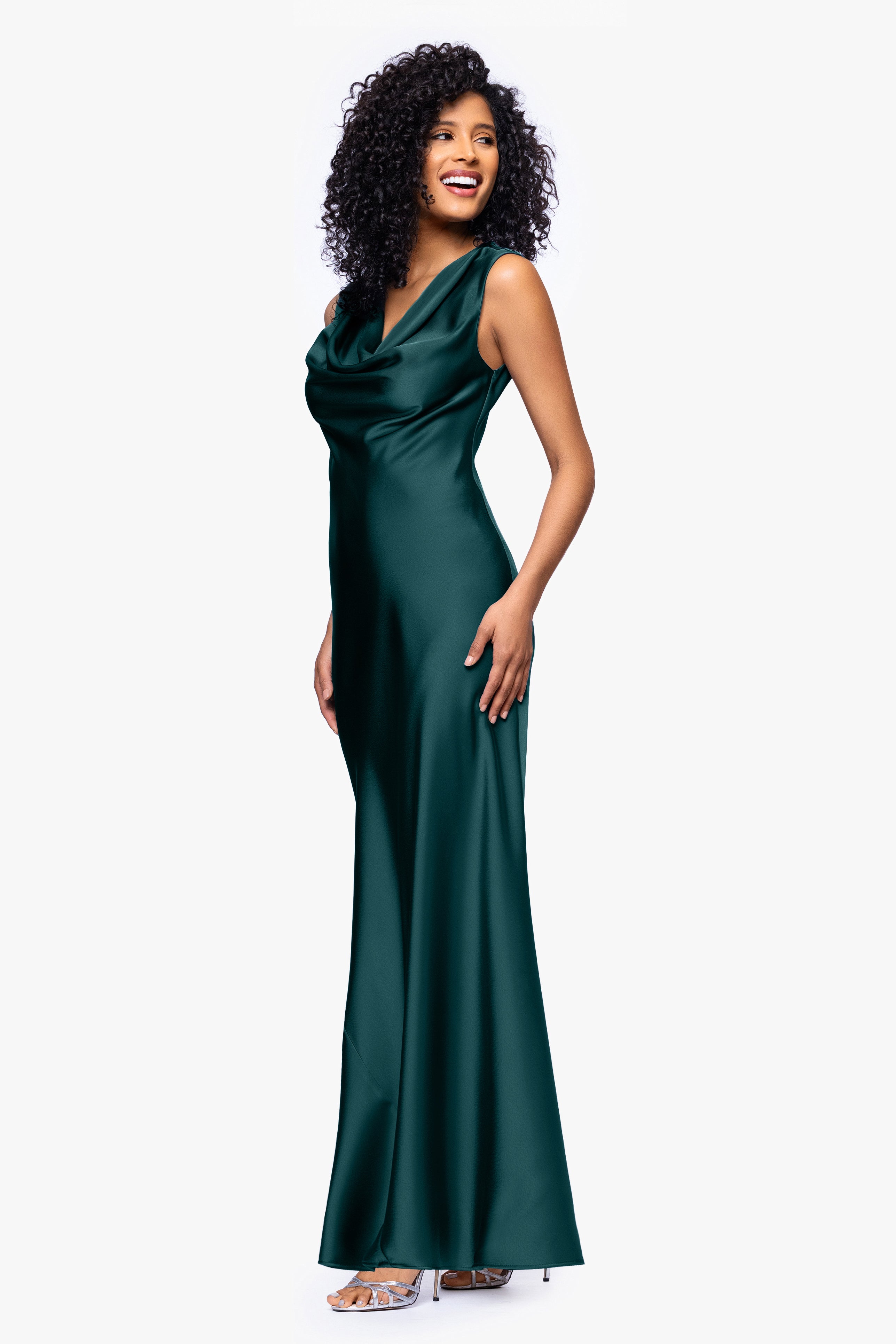 Petite "Amberly" Satin Drape Neck Dress