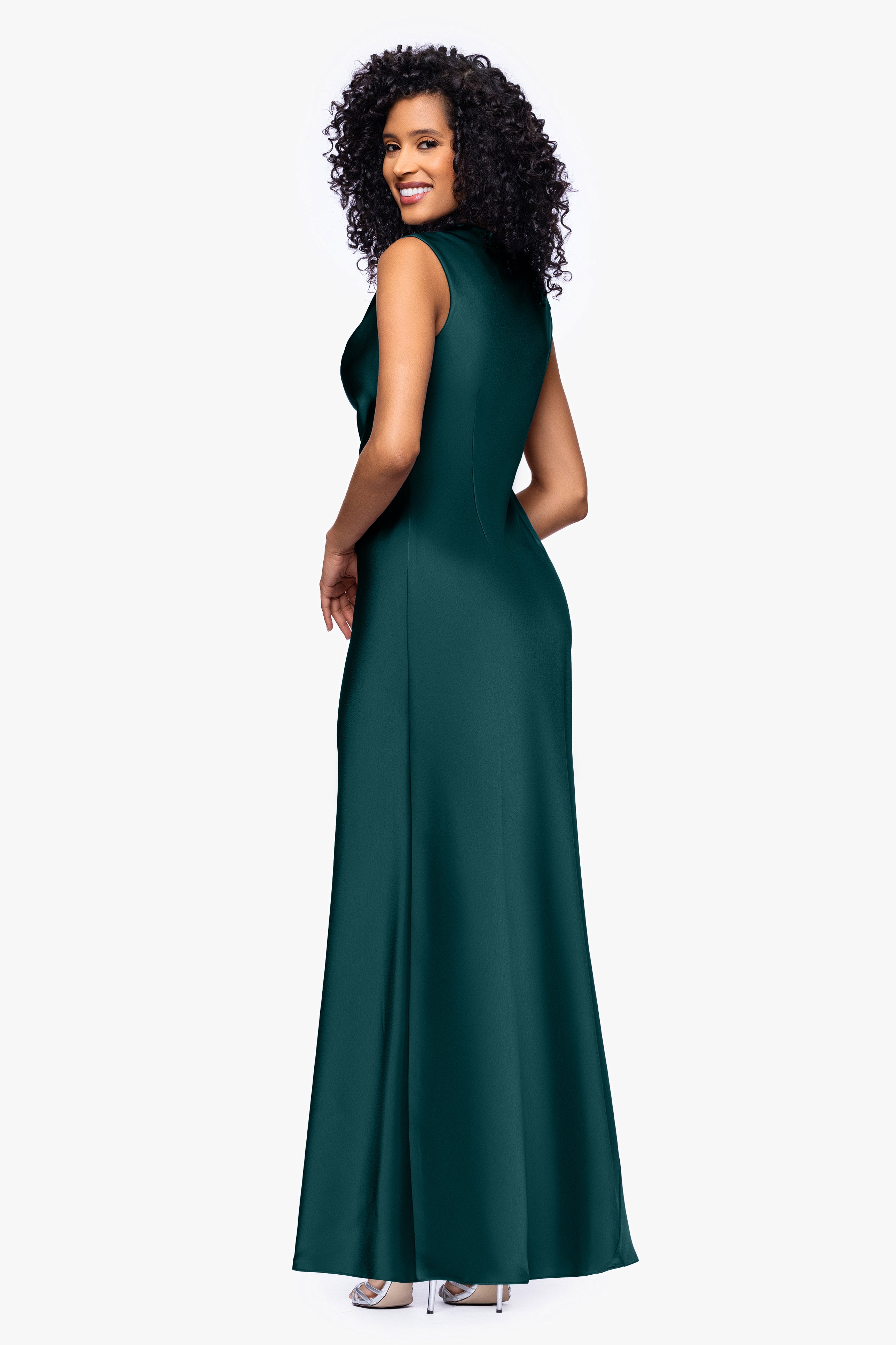 Petite "Amberly" Satin Drape Neck Dress