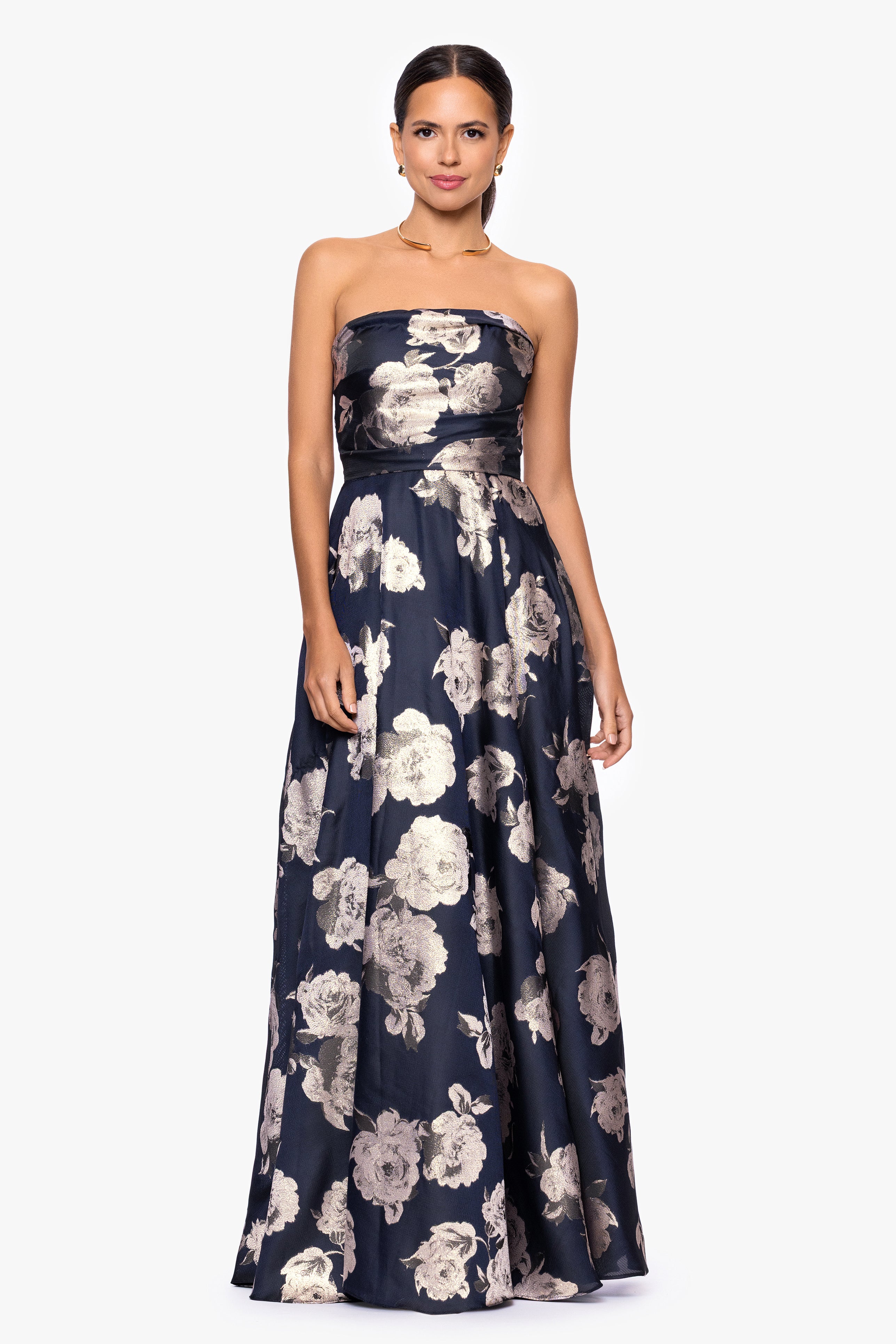 "Lottie" Metallic Jacquard Strapless Floor Length Dress
