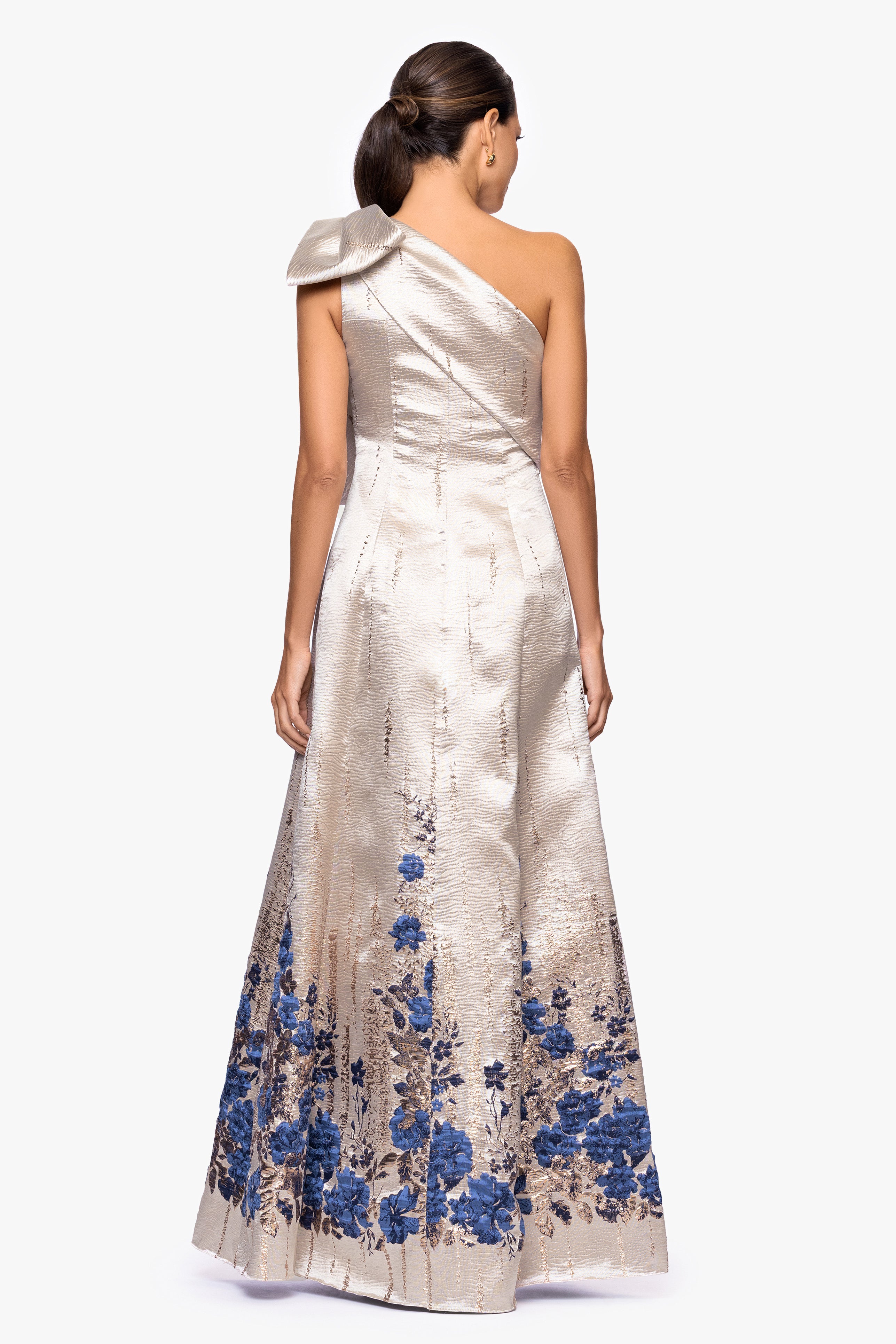 "Vivica" Print Brocade One Shoulder Floor Length Dress