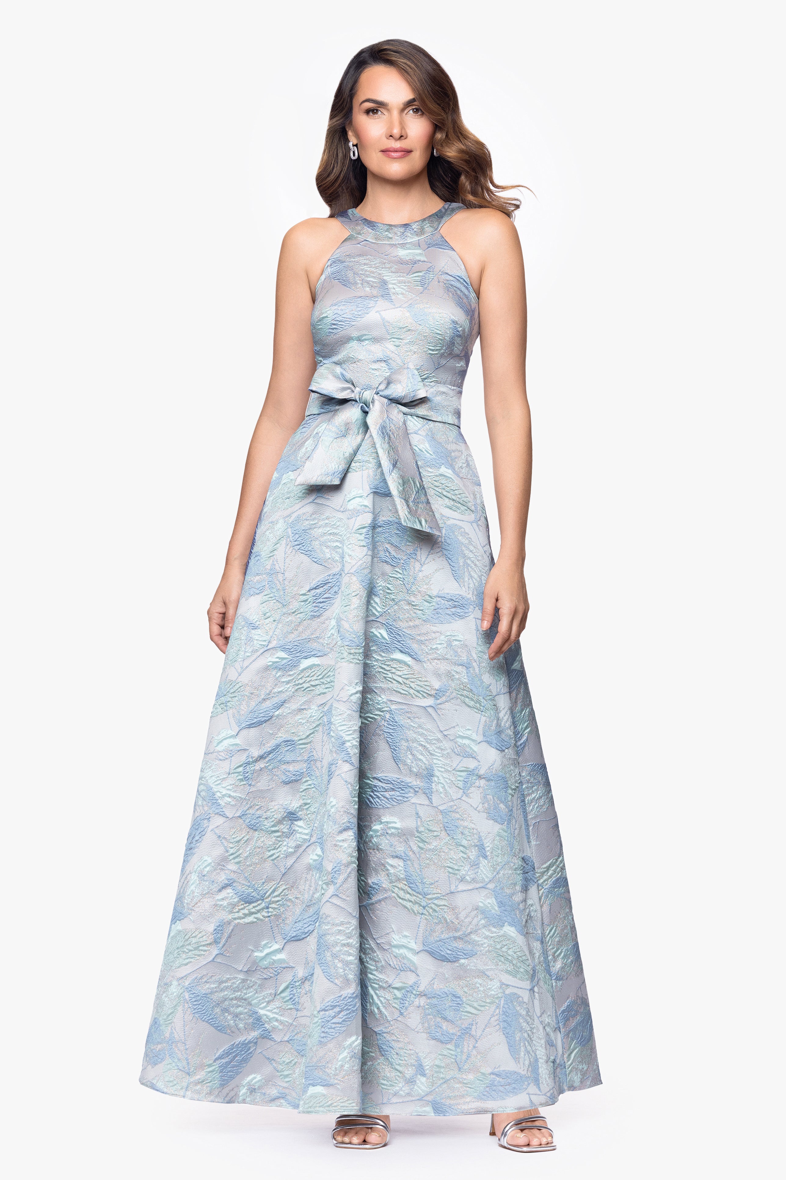 "Schena" Brocade Halter Neck Floor Length Dress