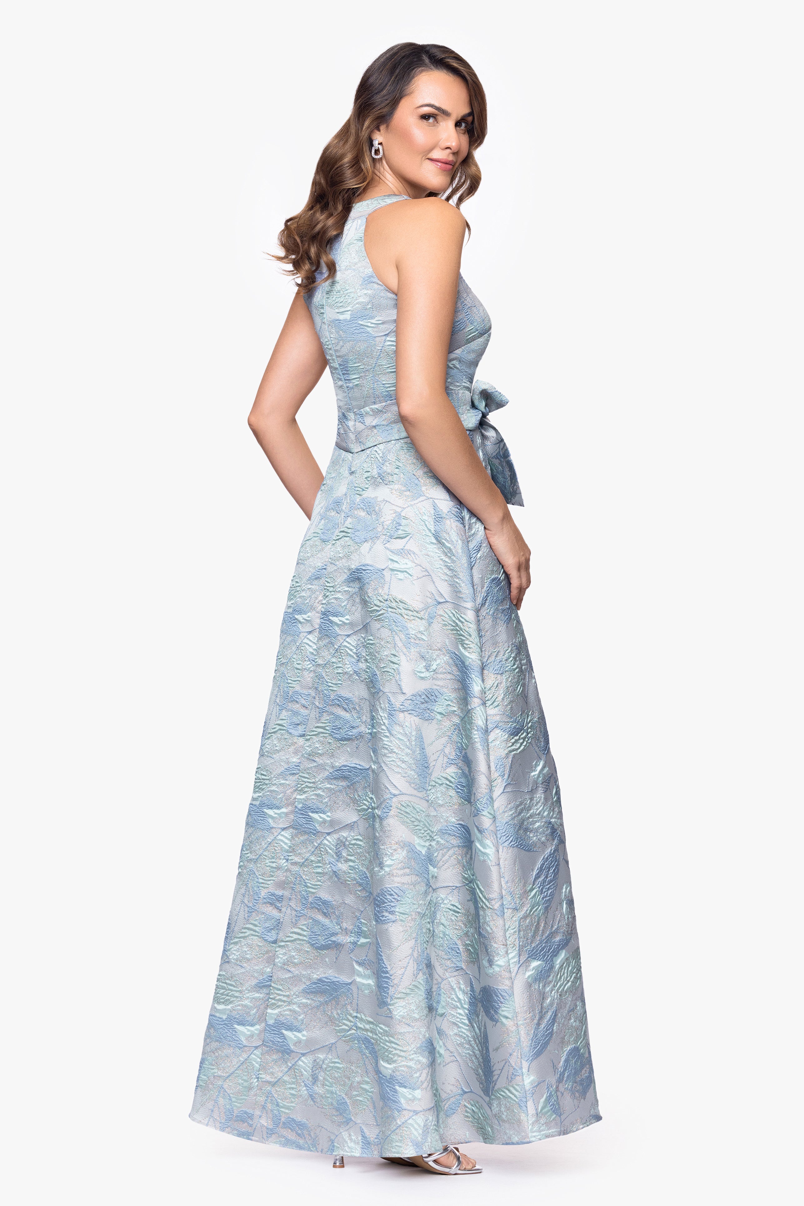 "Schena" Brocade Halter Neck Floor Length Dress