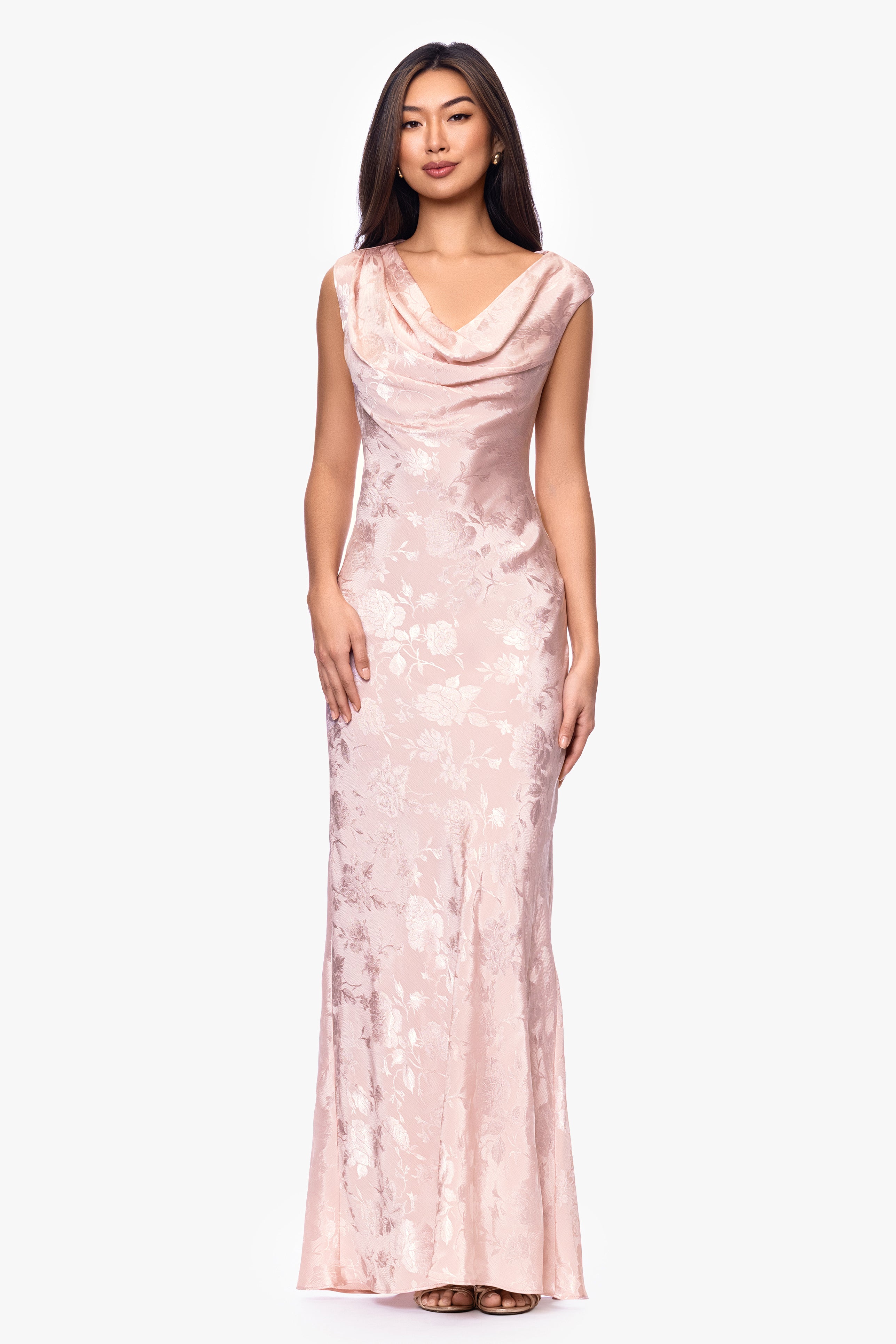 "Kayley" Satin Floral Cowl Neck Floor Length Dress