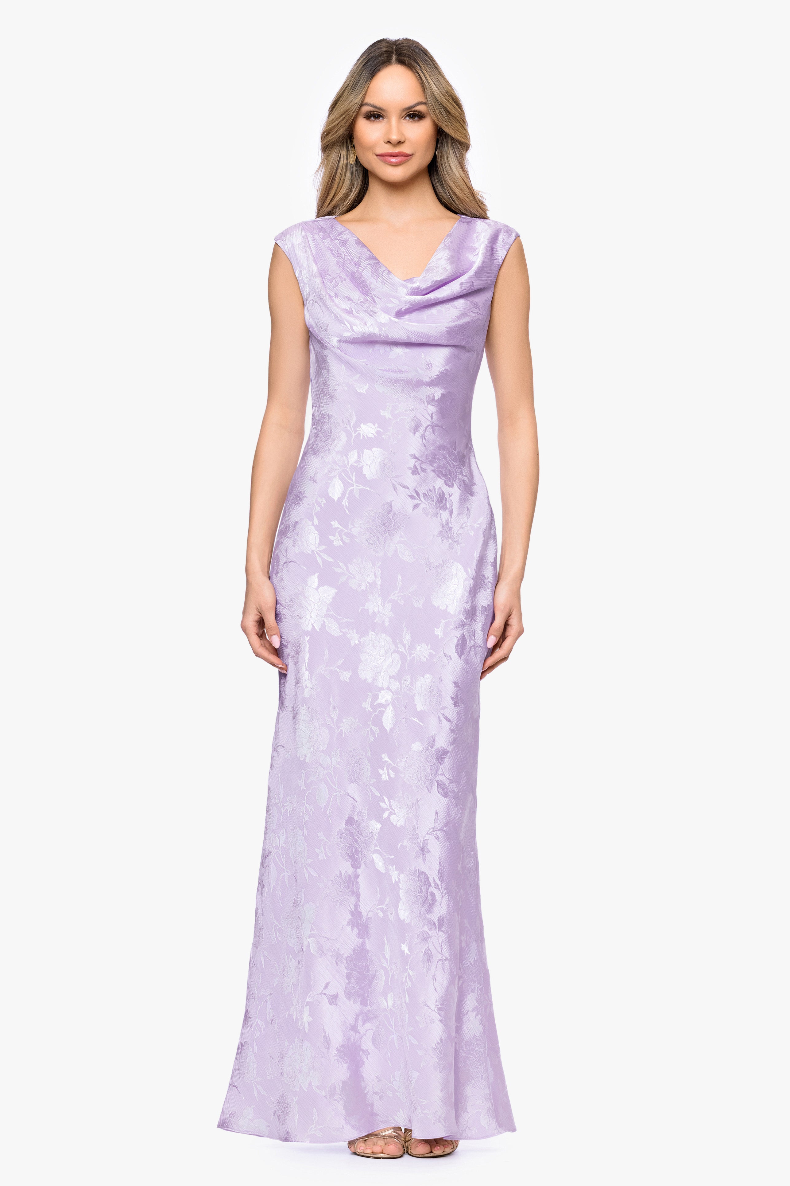 "Kayley" Jacquard Cowl Neck Floor Length Dress