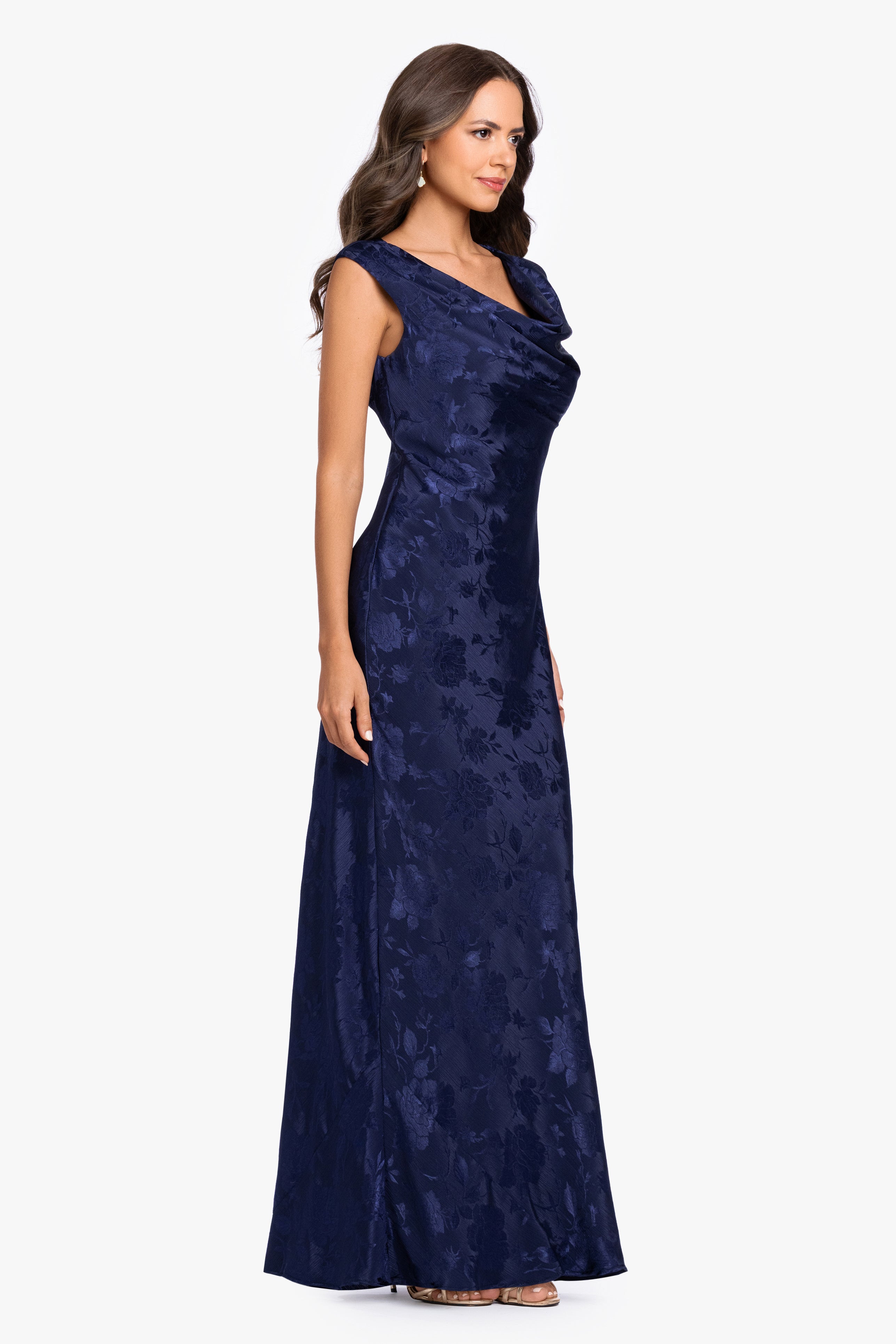 "Kayley" Jacquard Cowl Neck Floor Length Dress