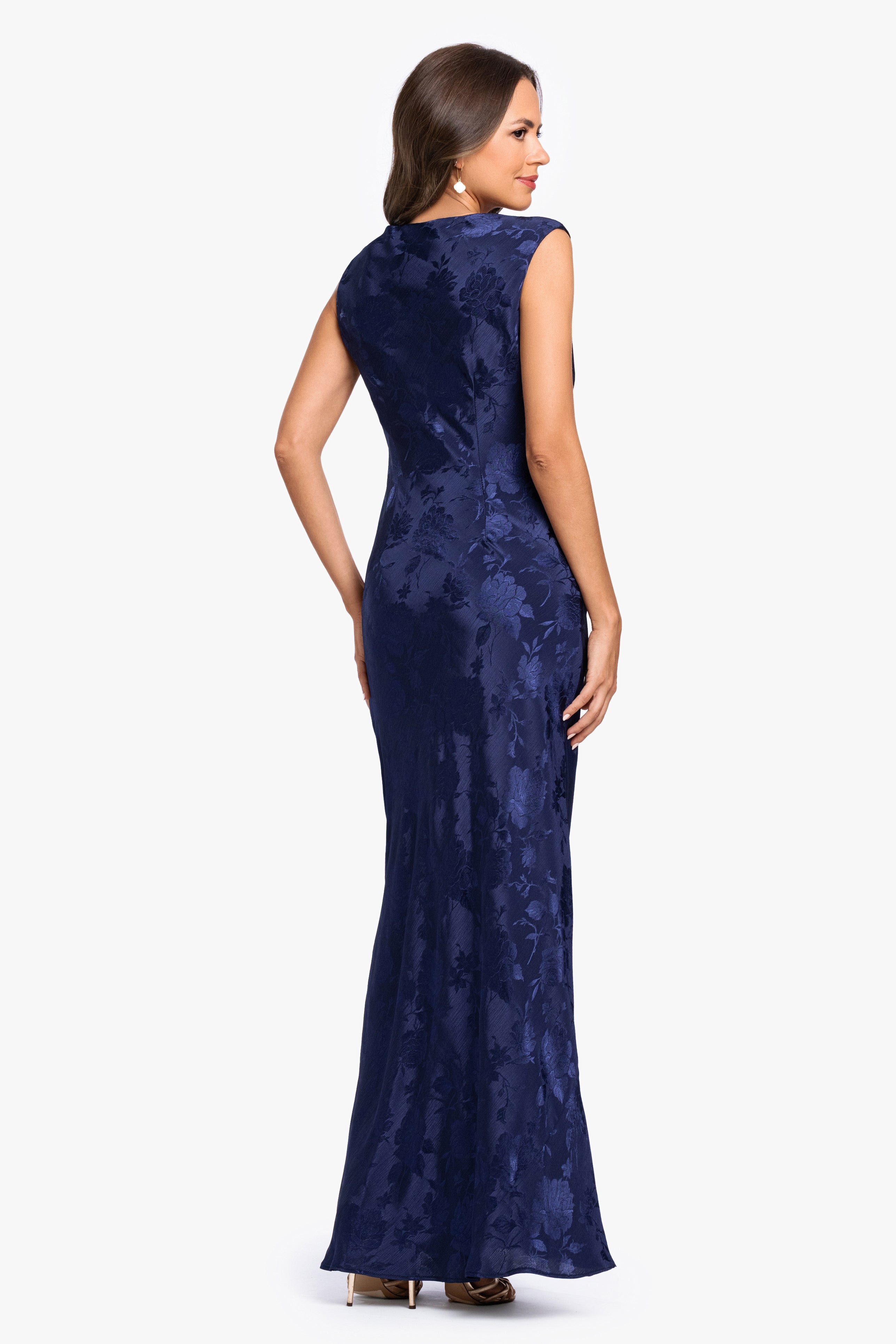 "Kayley" Jacquard Cowl Neck Floor Length Dress