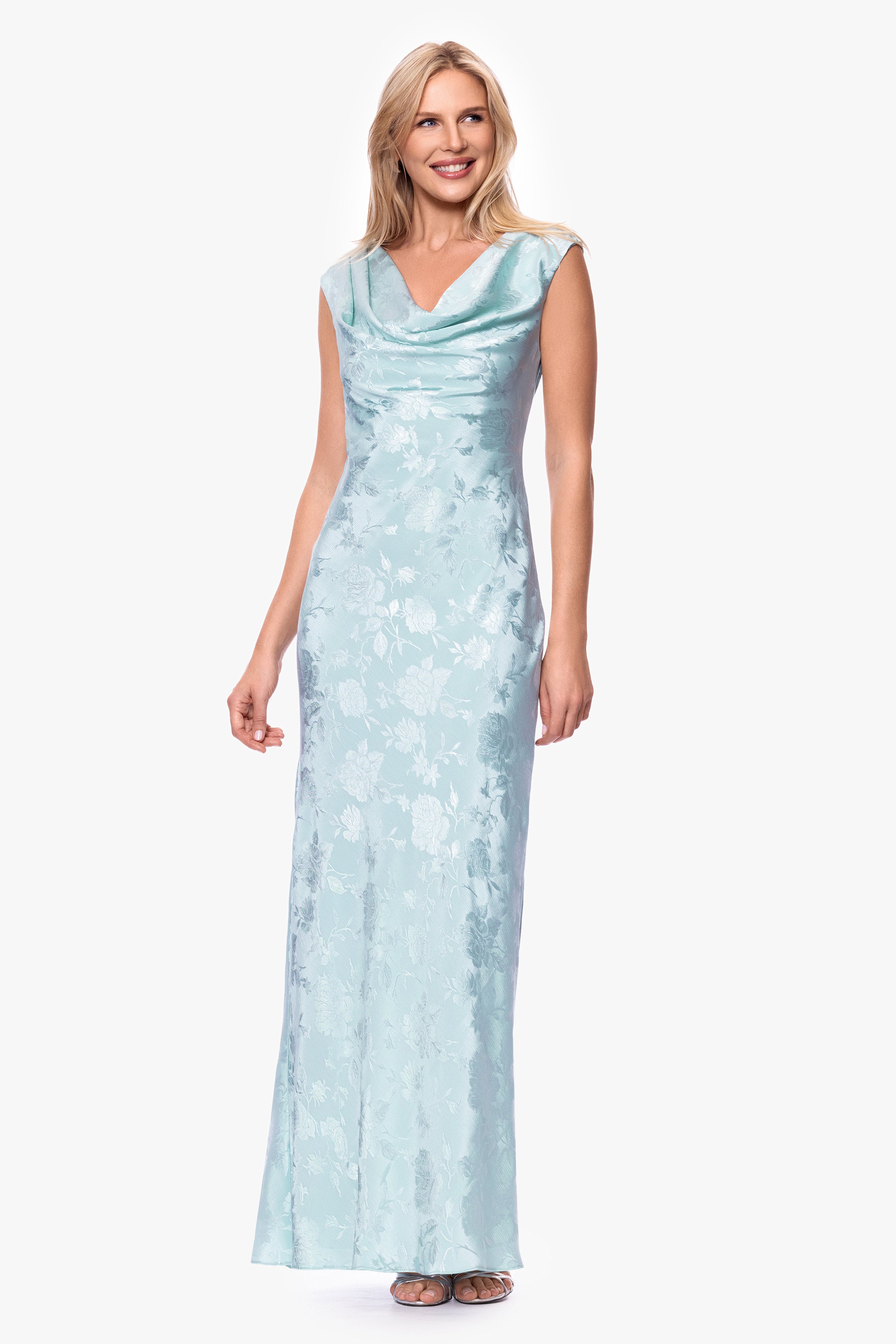 "Kayley" Satin Floral Cowl Neck Floor Length Dress