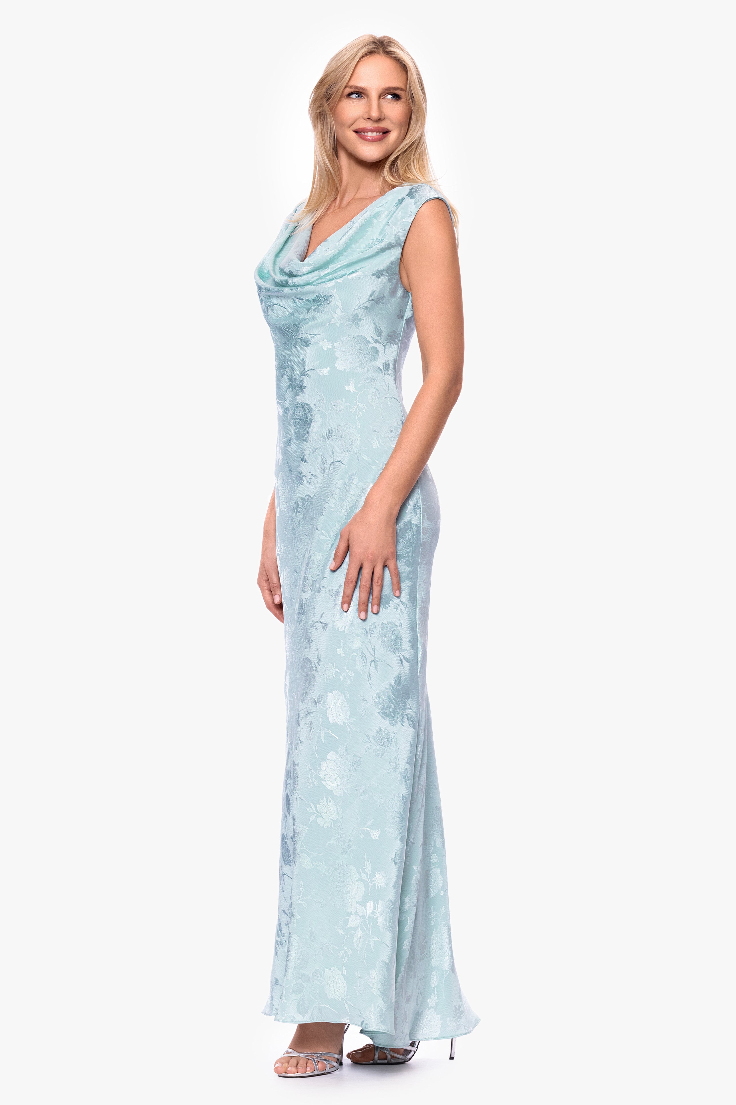 "Kayley" Jacquard Cowl Neck Floor Length Dress