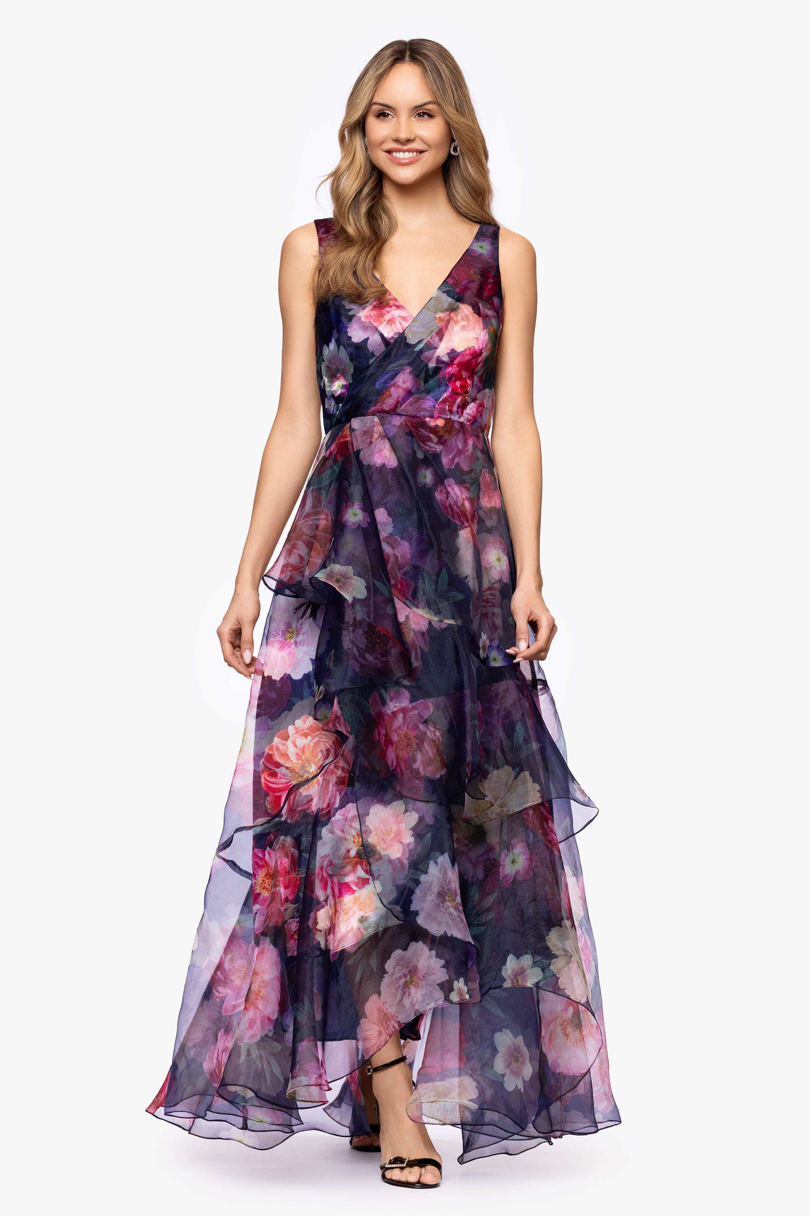 "Catalina" Printed Organza V-Neck Floor Length Dress