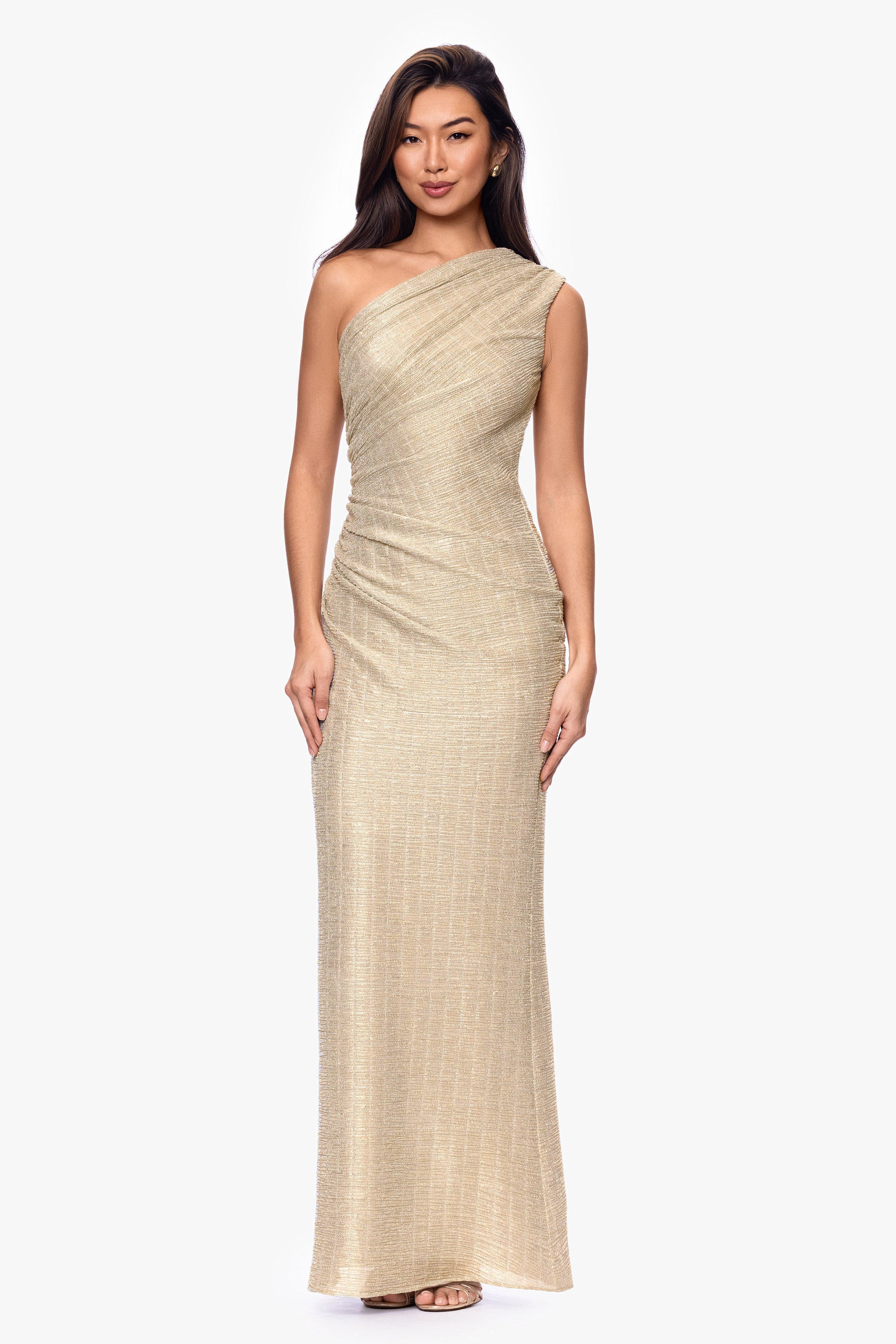 "Avril" Metallic One Shoulder Rouched Floor Length Dress