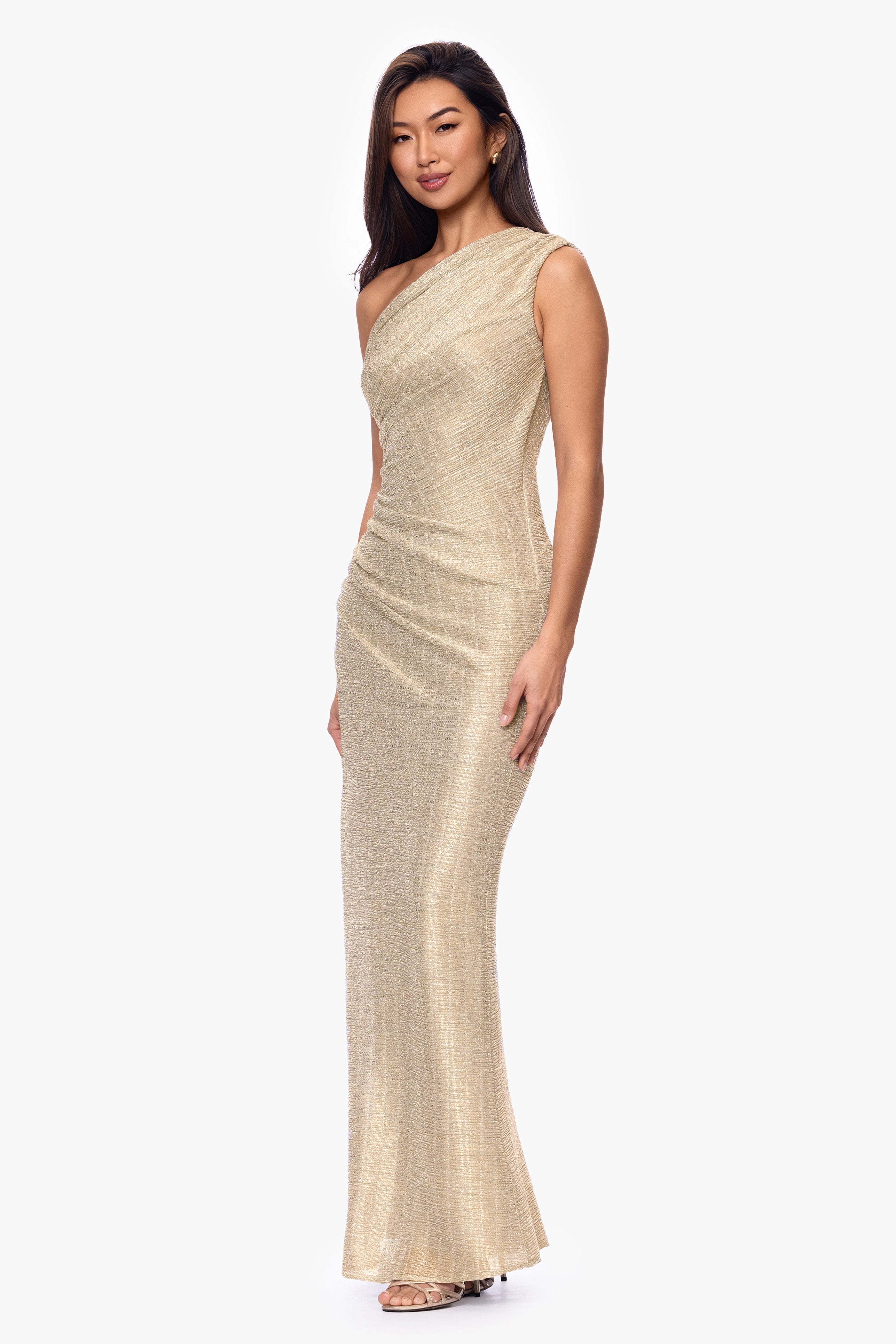 "Avril" Metallic One Shoulder Rouched Floor Length Dress