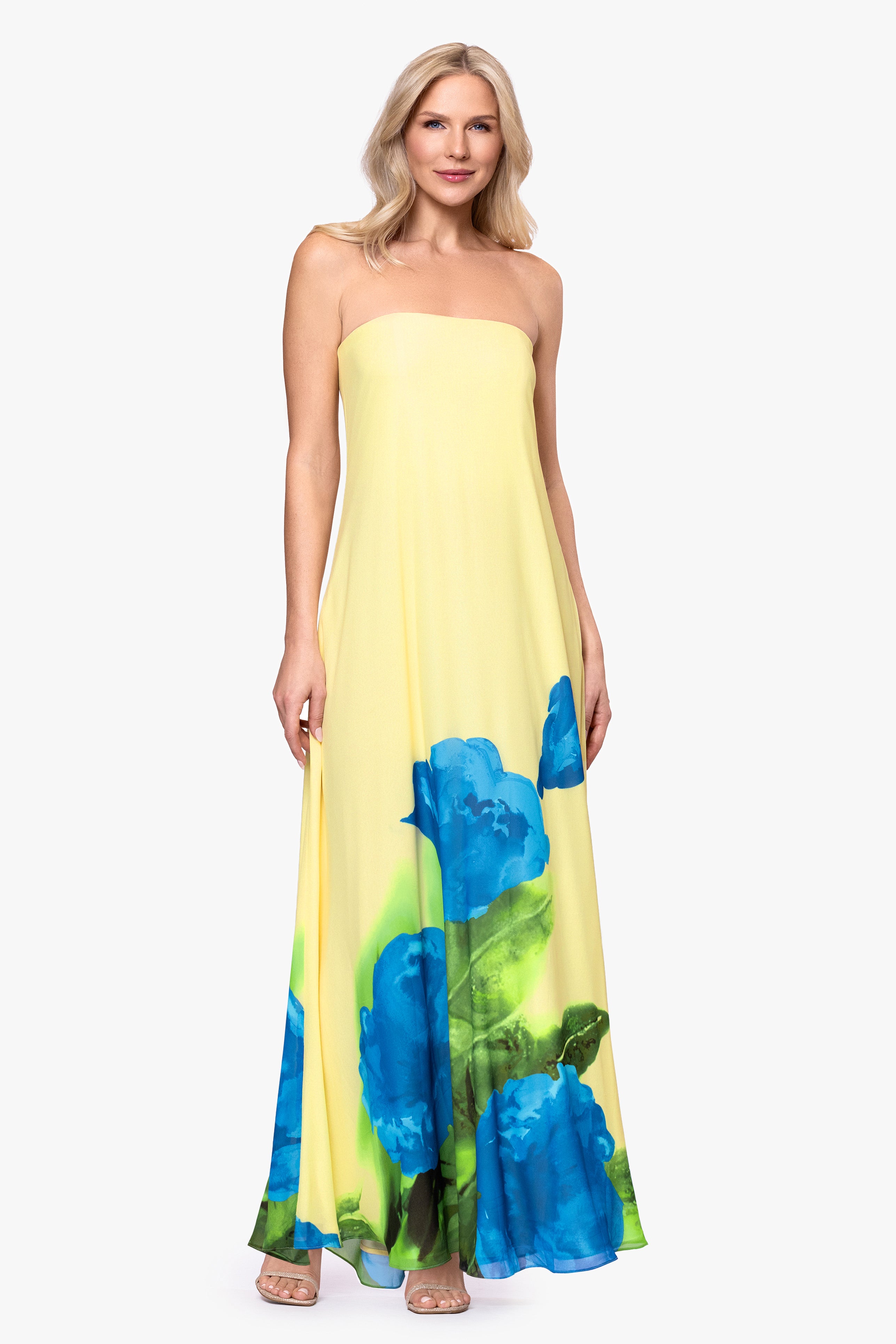 "Carmen" Chiffon Strapless Floral Floor Length Dress