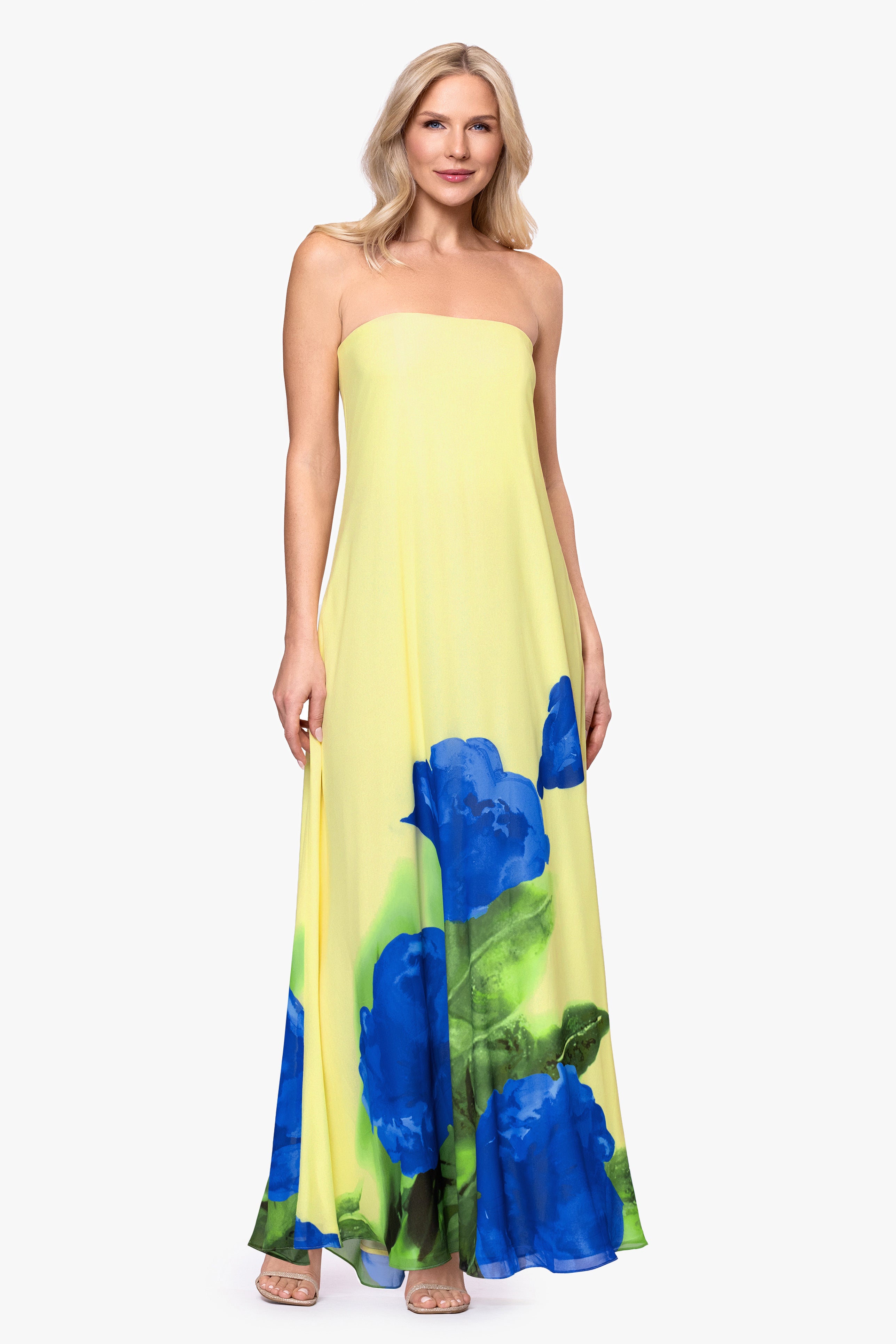 "Carmen" Souffle Floral Chiffon Strapless Dress