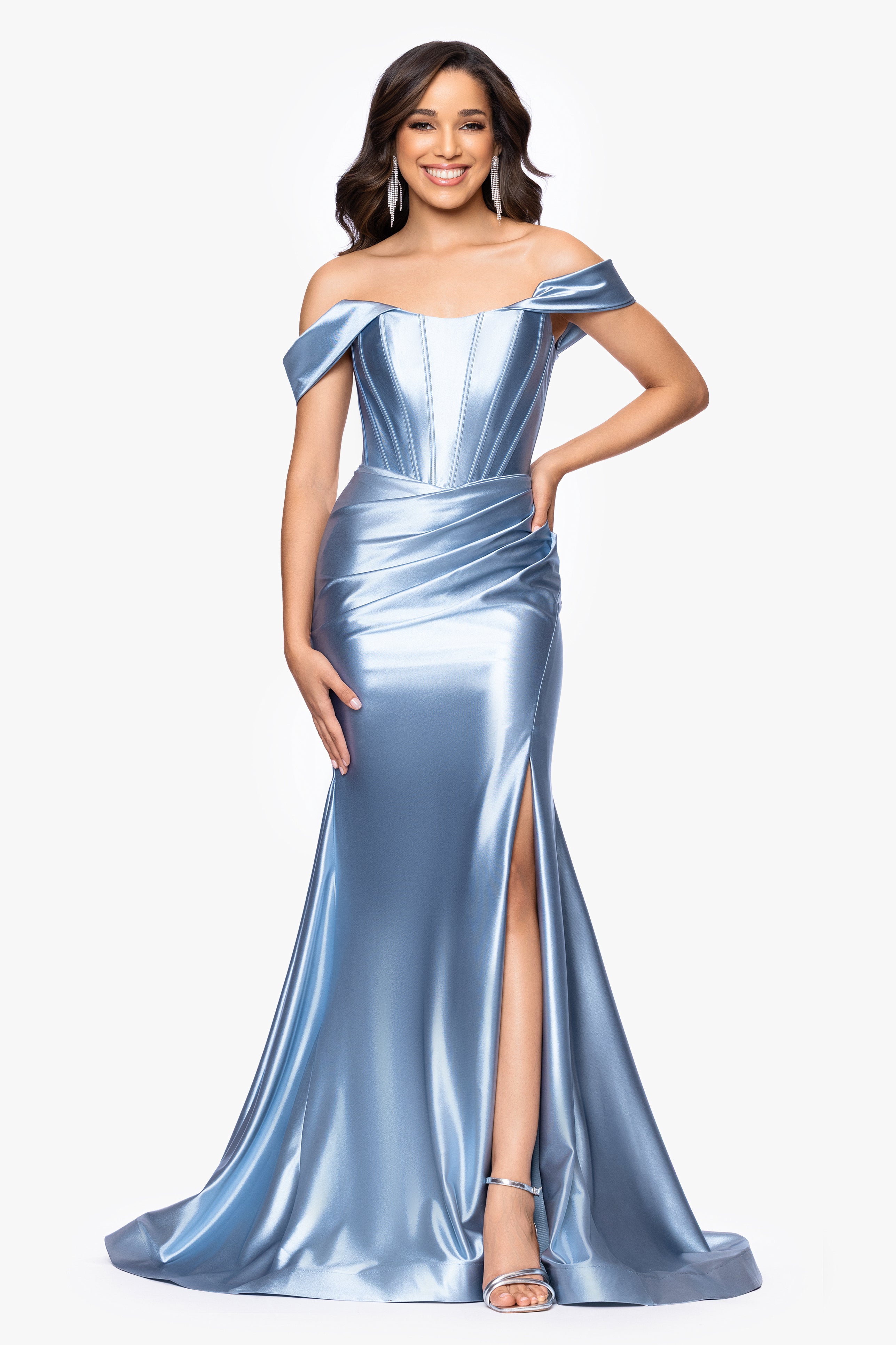 "Luanna" Satin Off Shoulder Corset Floor Length Dress
