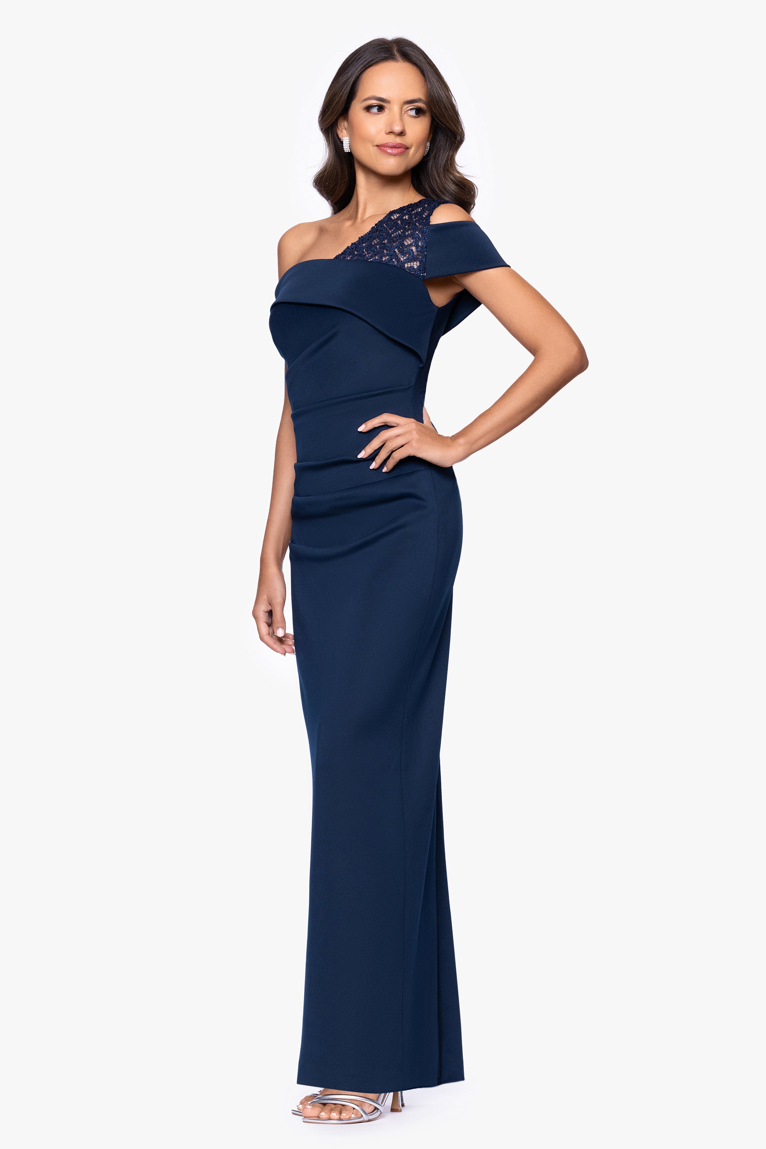 Petite "Delia" Techno Scuba Asymmetric Off Shoulder Floor Length Dress