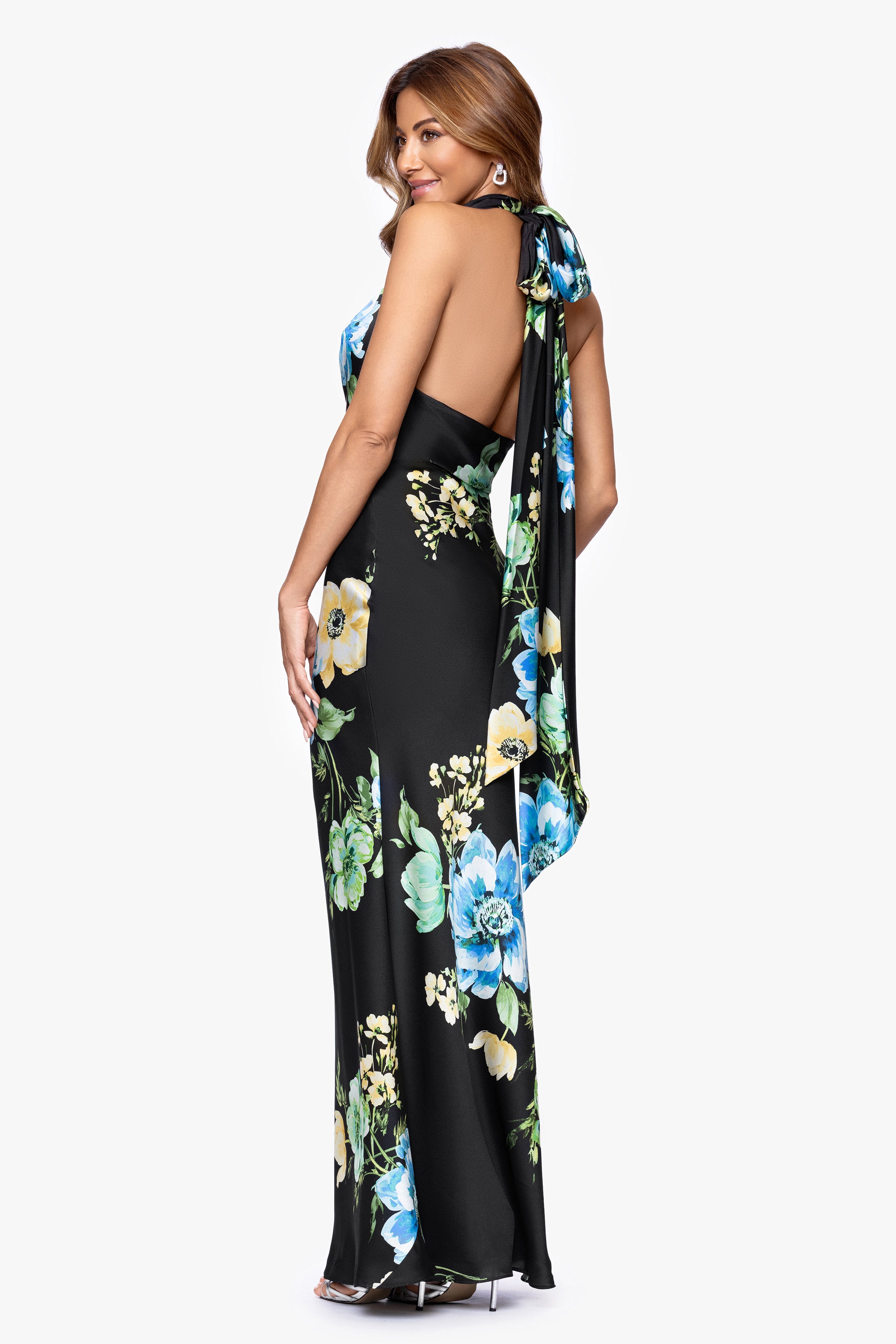 "Delaney" Printed Flower Satin Tie Neck Floor Length Dress