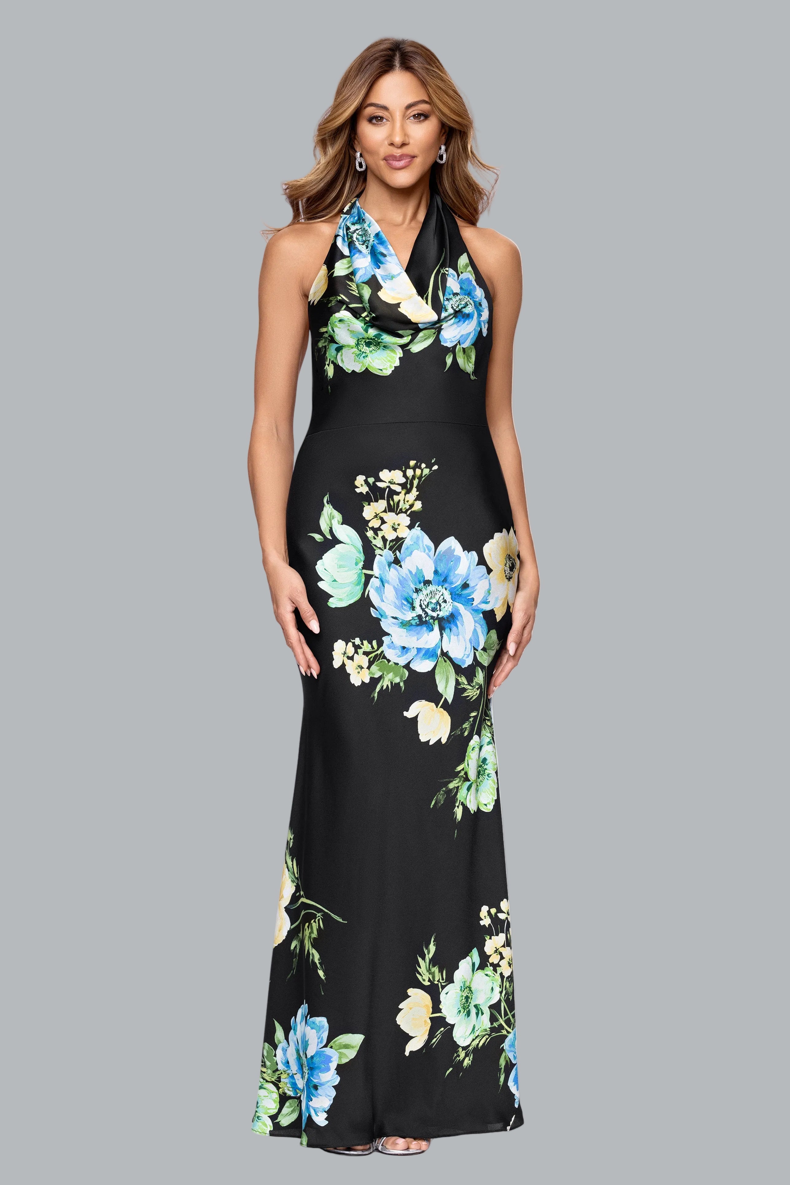"Delaney" Printed Flower Satin Tie Neck Dress