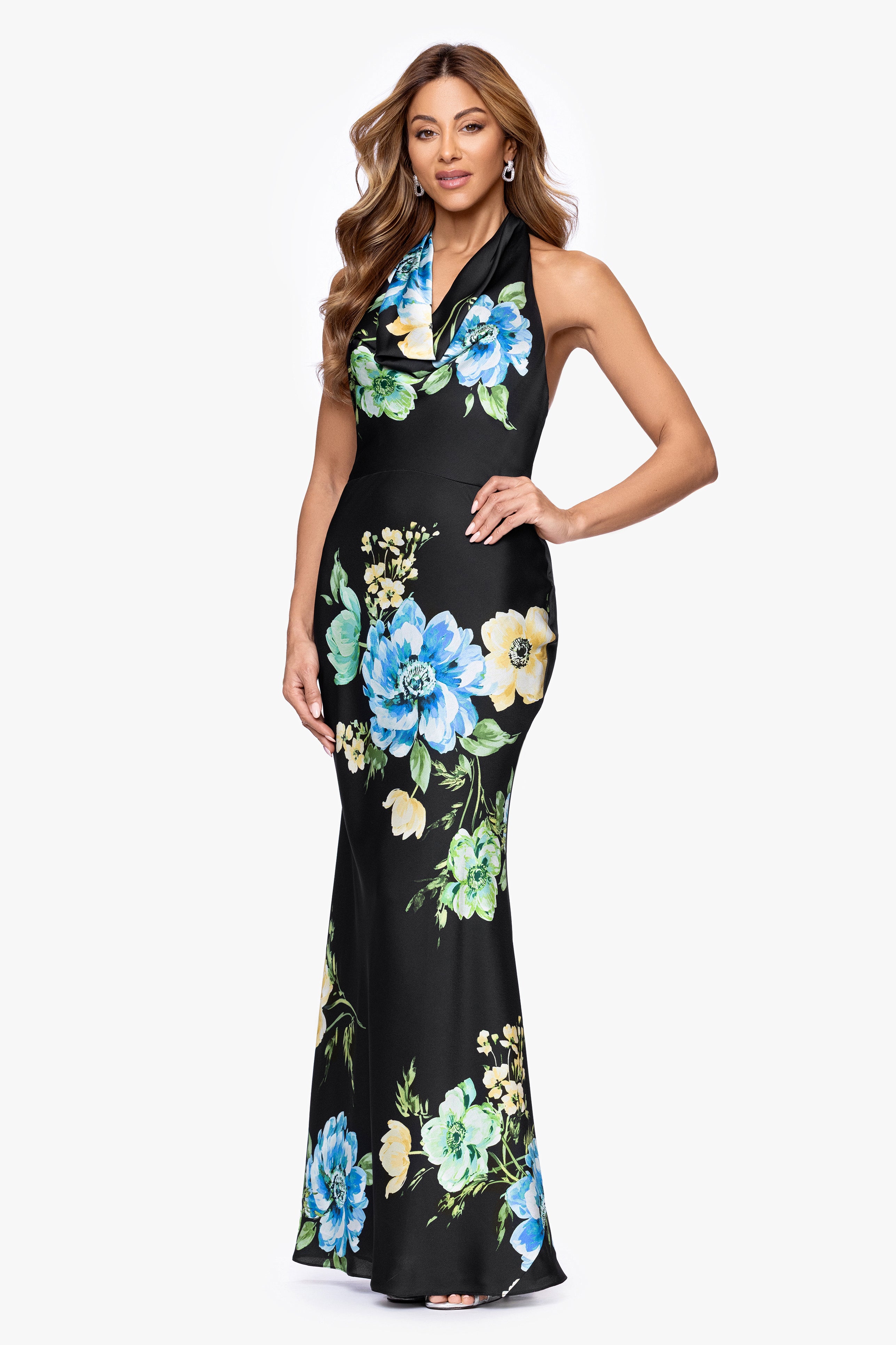 "Delaney" Printed Flower Satin Tie Neck Floor Length Dress