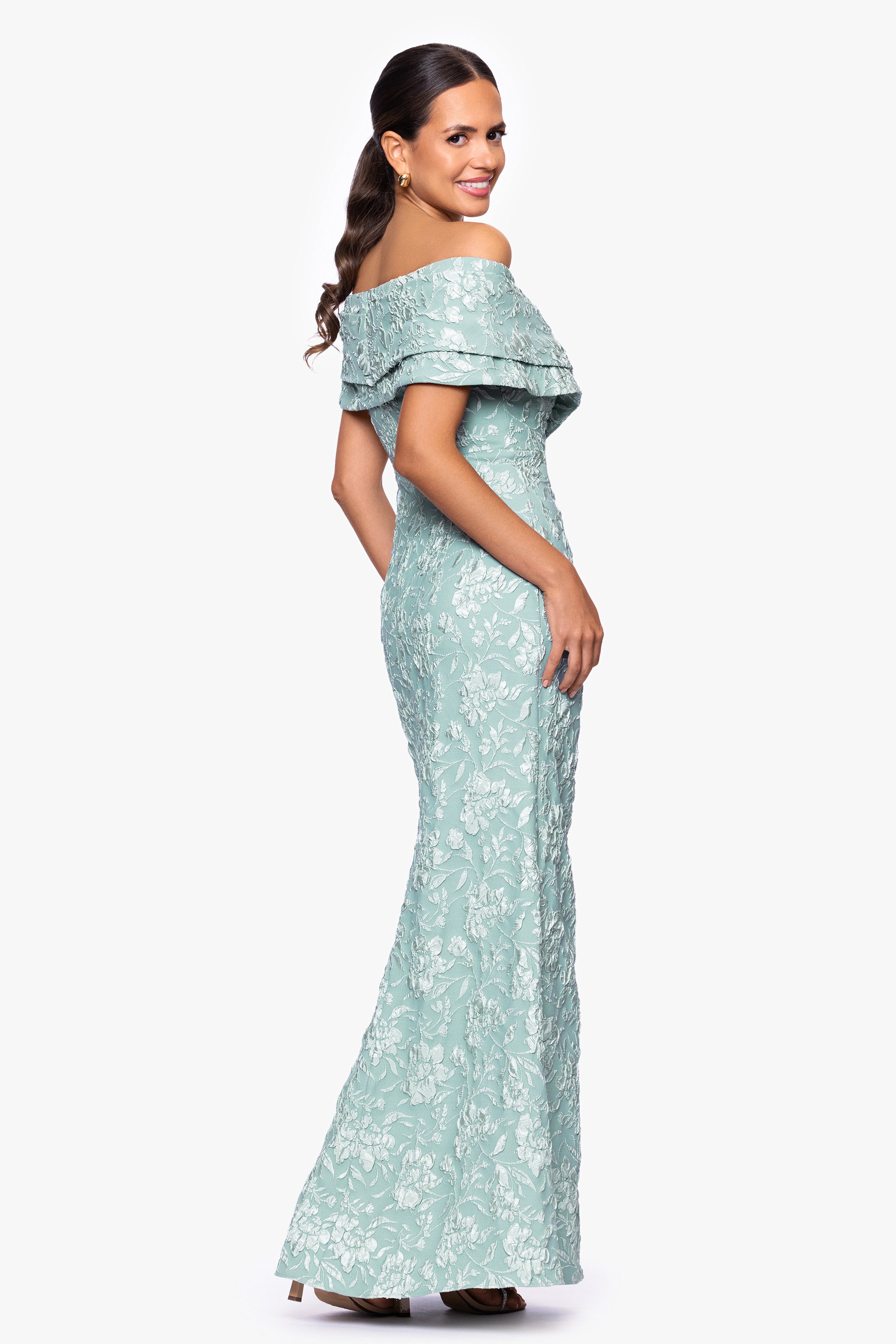 "April" Jacquard Off the Shoulder Floor Length Dress