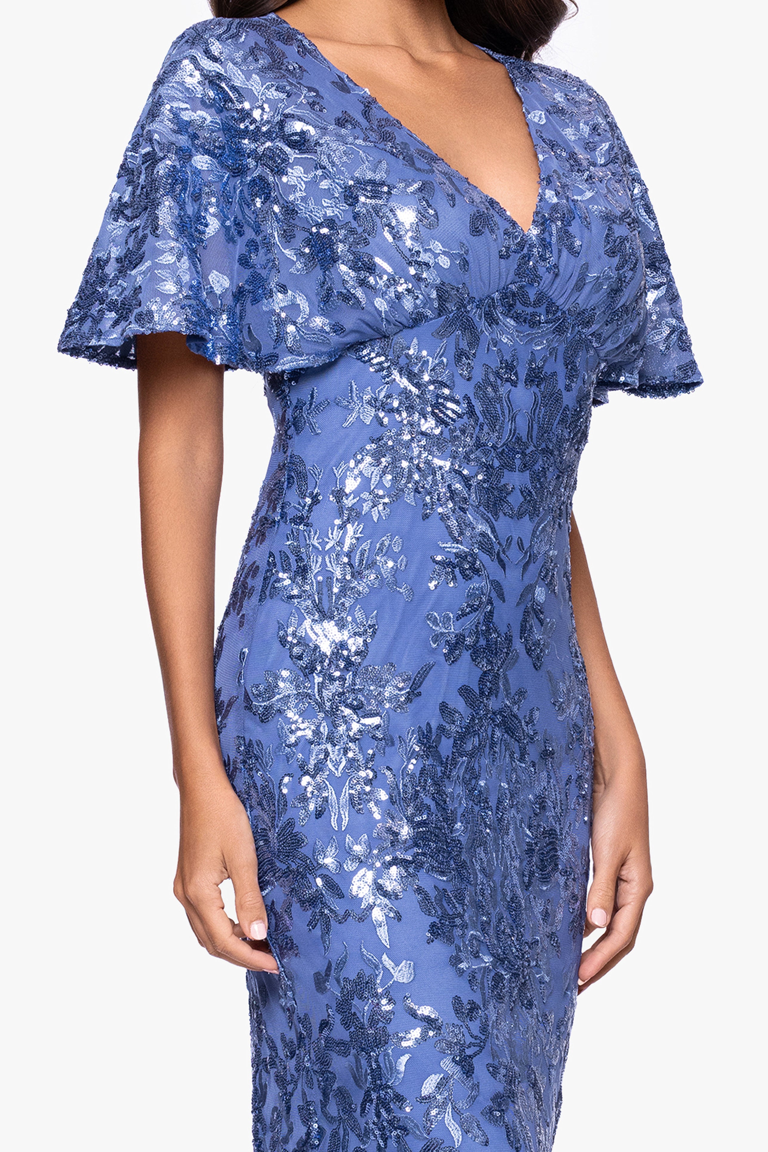 Petite "Paisley" Sequin Mesh Flutter Sleeve V-Neck Floor Length Dress