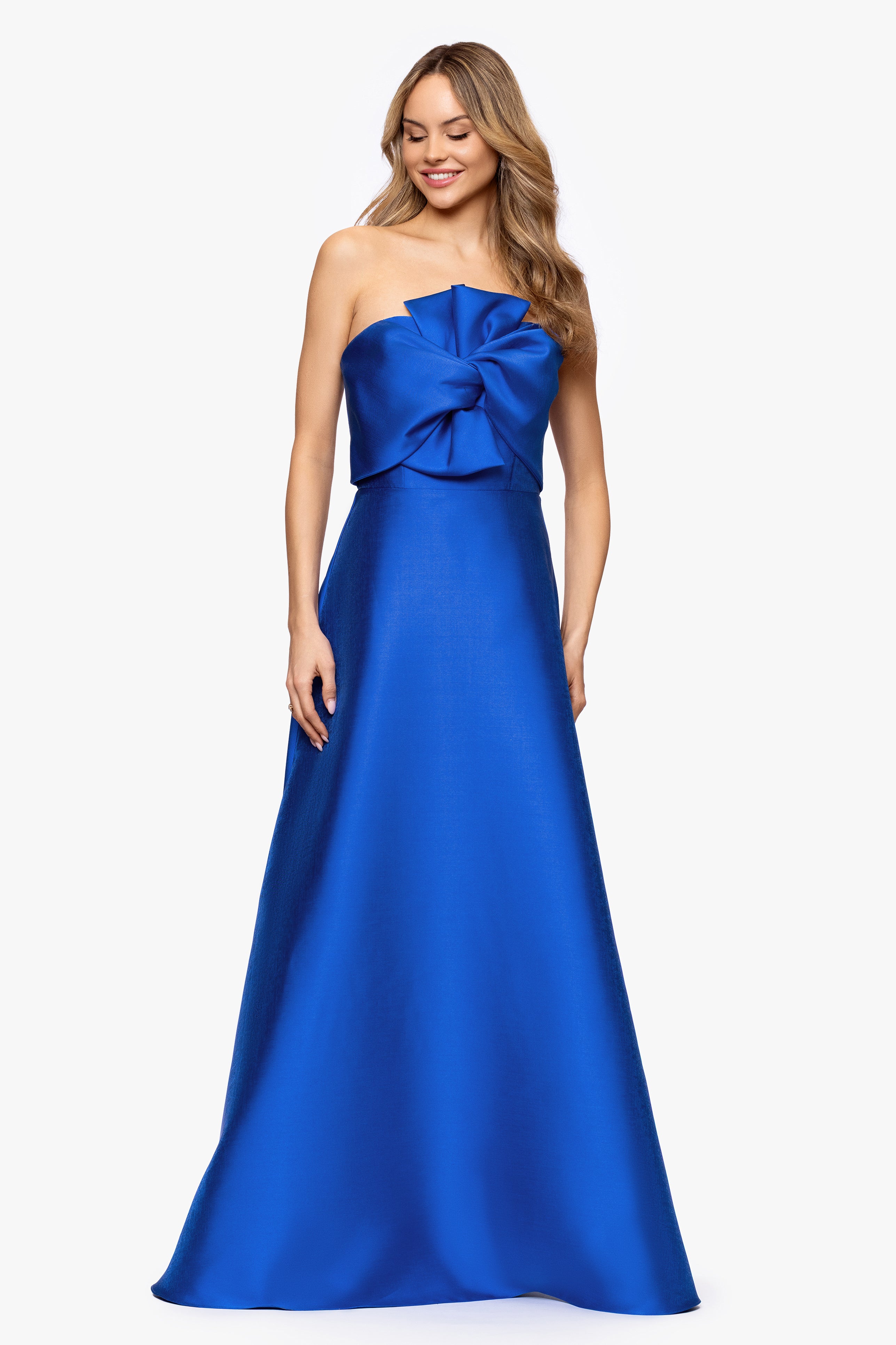 "Audrey" Mikado Strapless Bow Twist Floor Length Dress