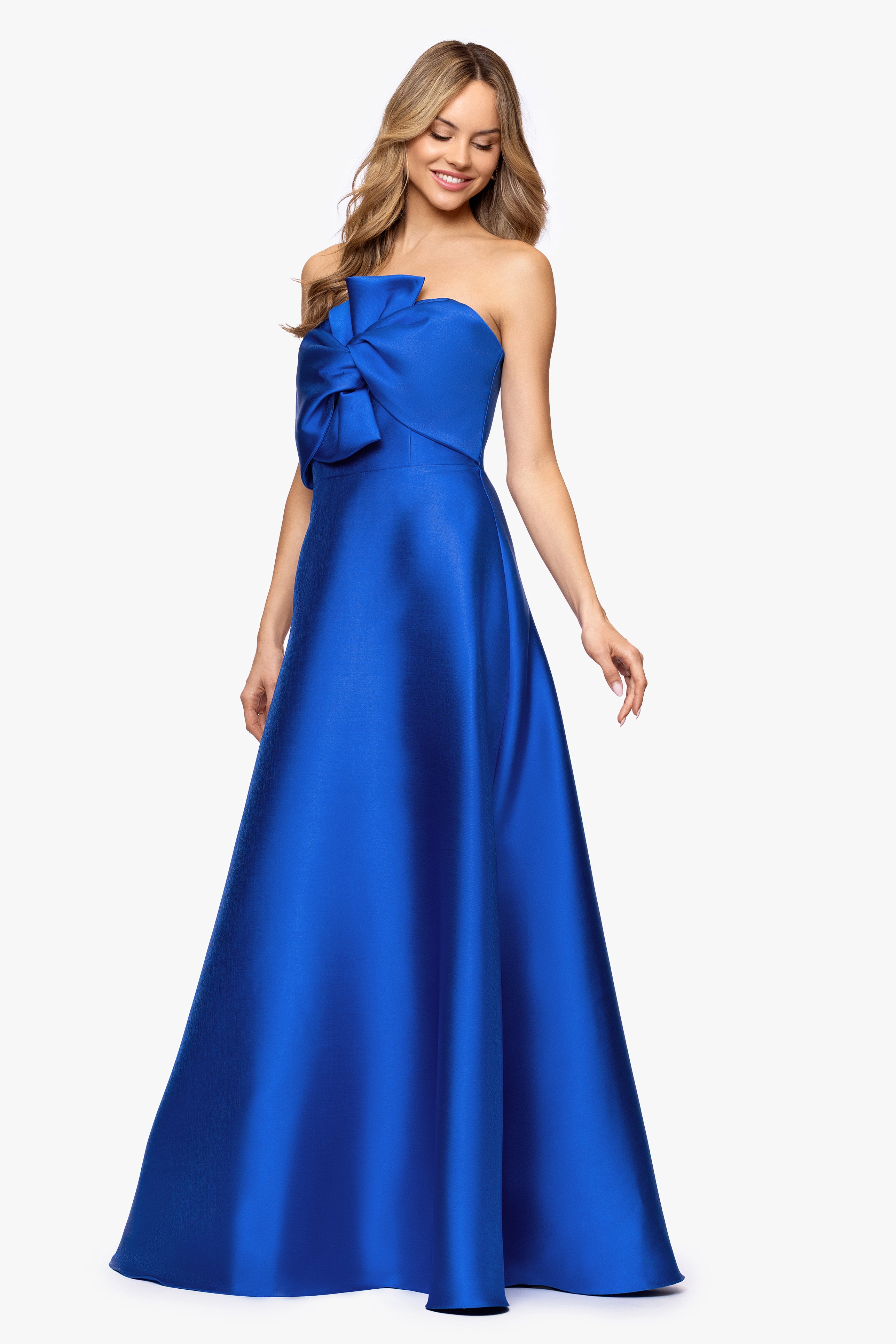 "Audrey" Mikado Strapless Bow Twist Floor Length Dress