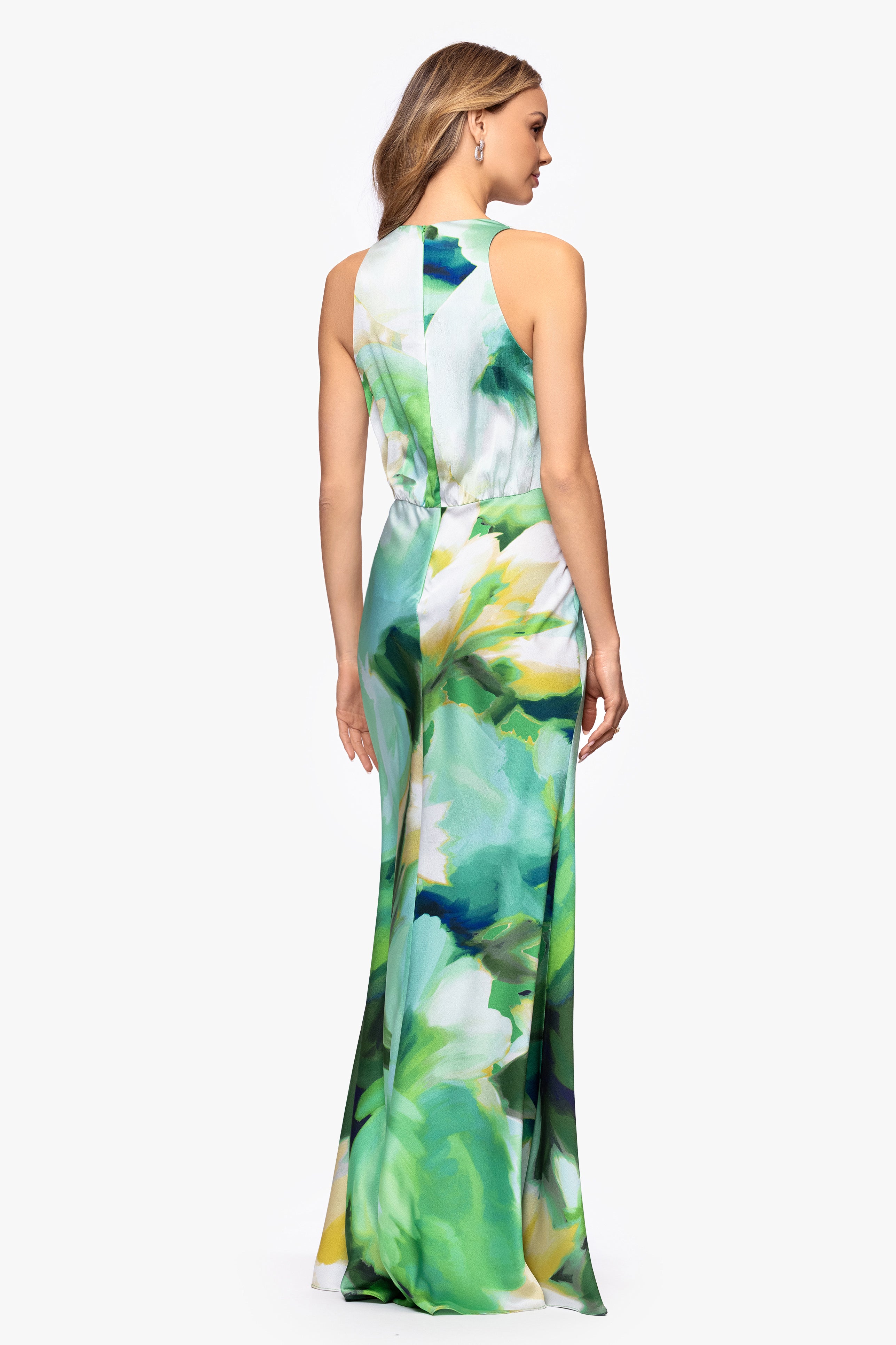 "Solana" Satin Print V-Neck Floor Length Dress