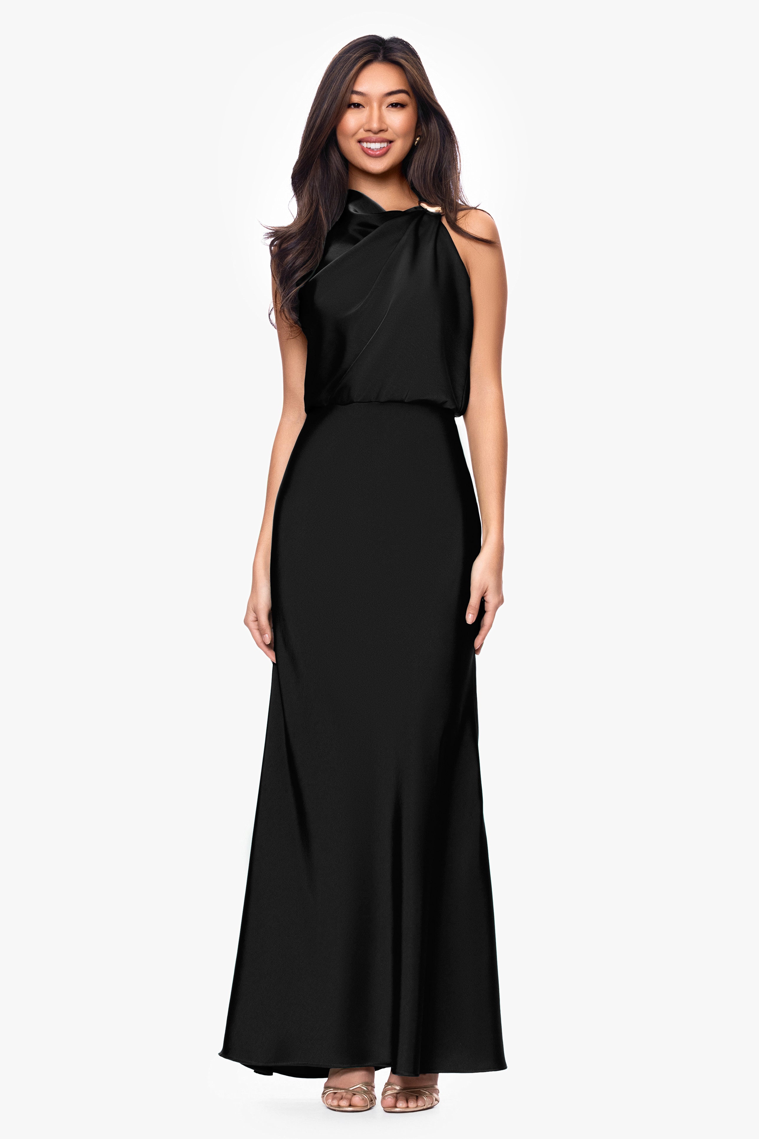 Petite "Colette" Satin Ruched Trim Dress