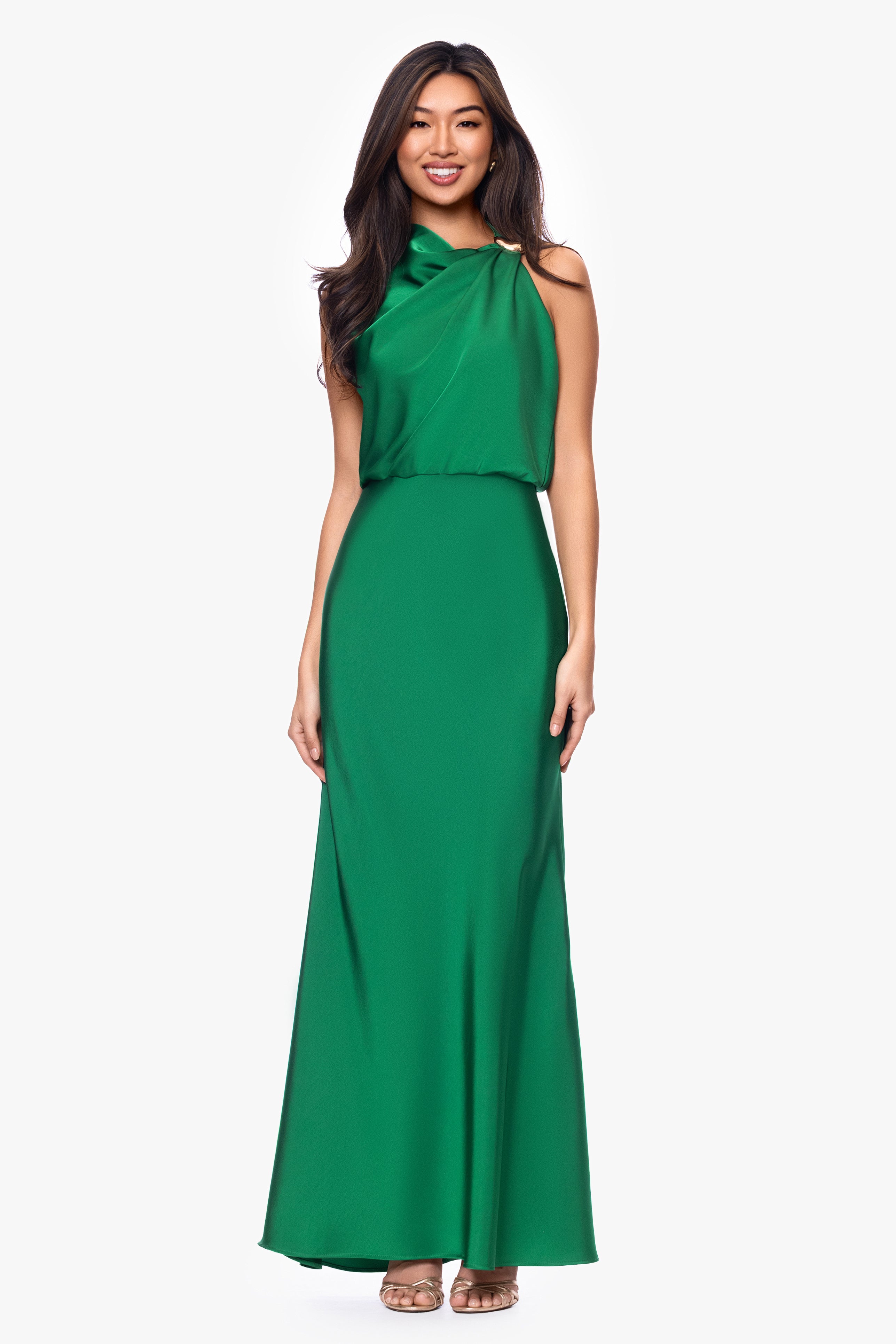 "Colette" Satin Rouched Trim Floor Length Dress