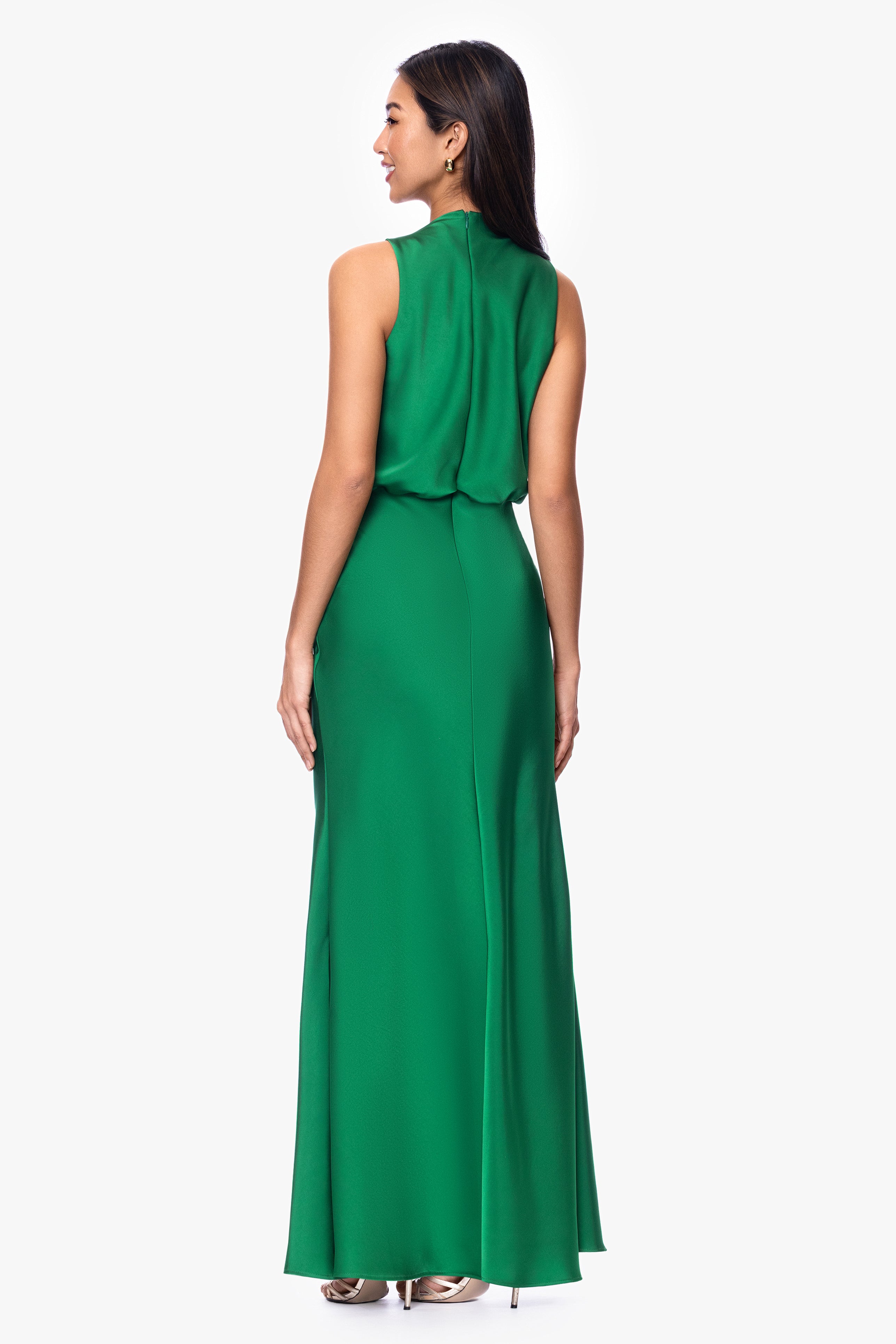 "Colette" Satin Rouched Trim Floor Length Dress