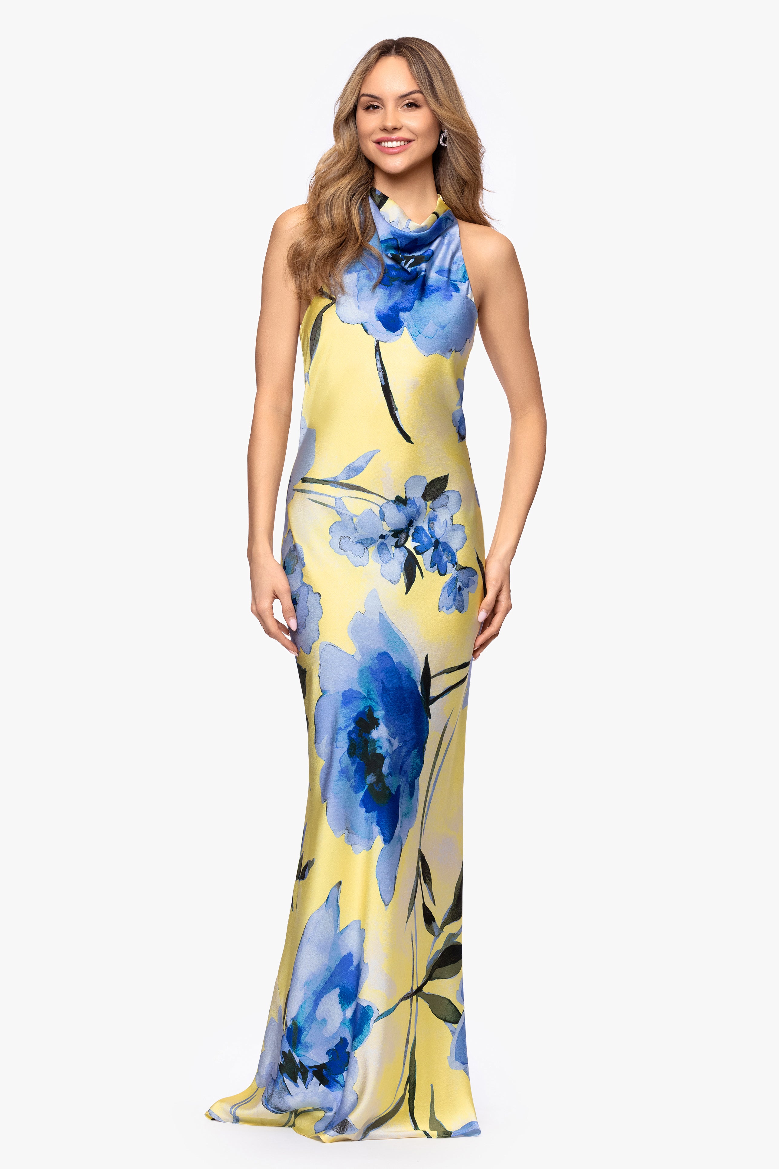 "Ashlyn" Satin Print Tie Floor Length Dress