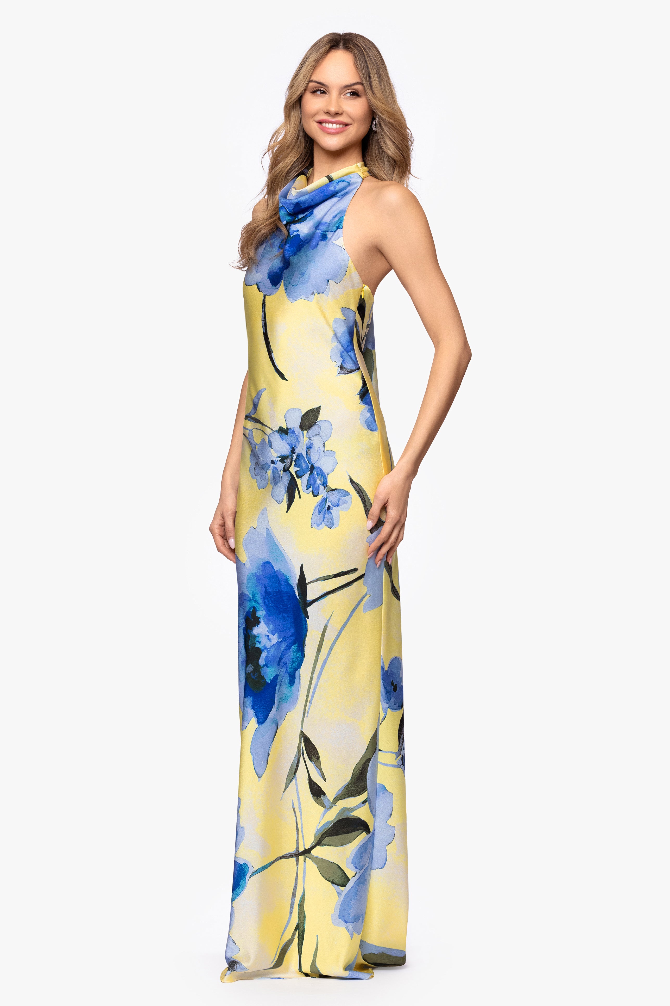 "Ashlyn" Satin Print Tie Floor Length Dress