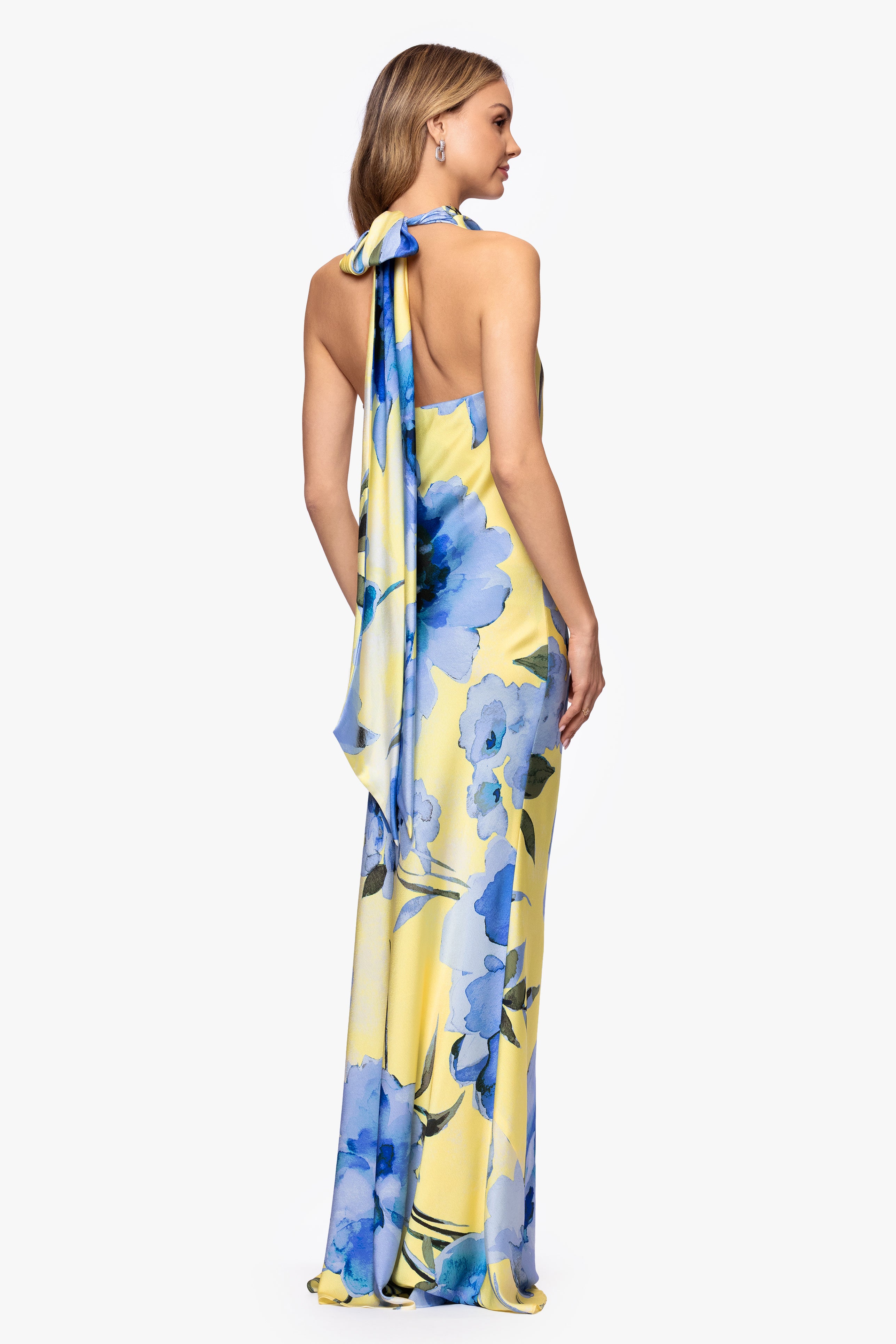 "Ashlyn" Satin Print Tie Floor Length Dress