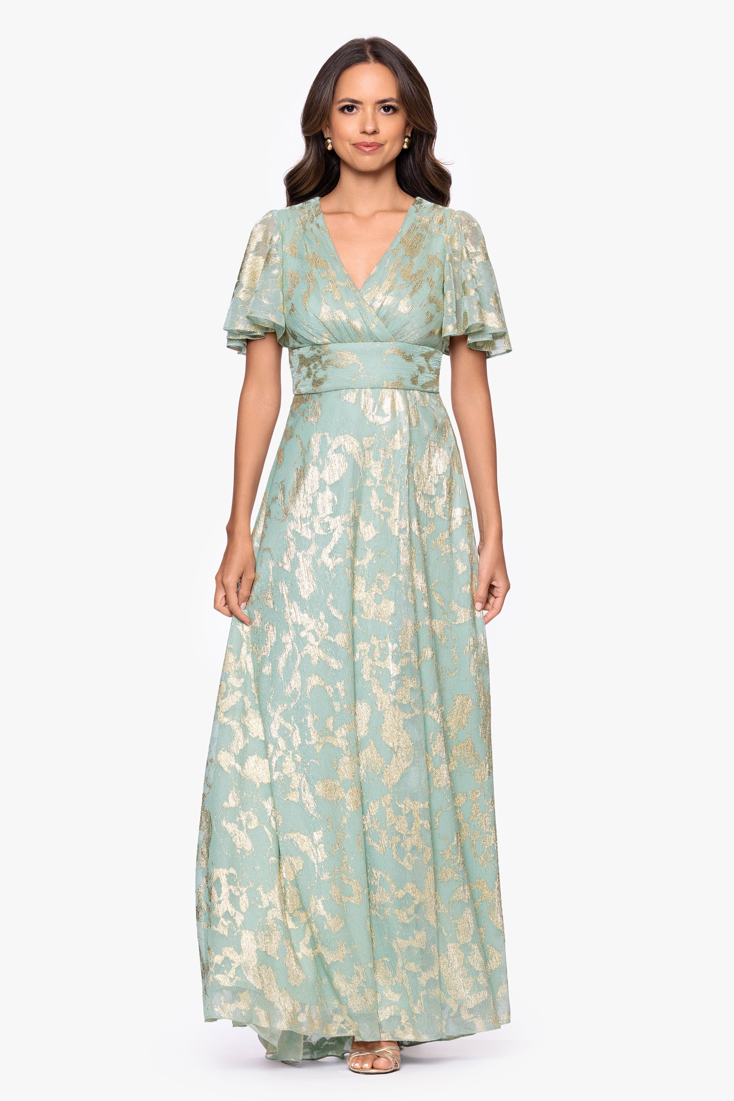 "Polly" Metallic Print Flutter Sleeve Floor Length Dress