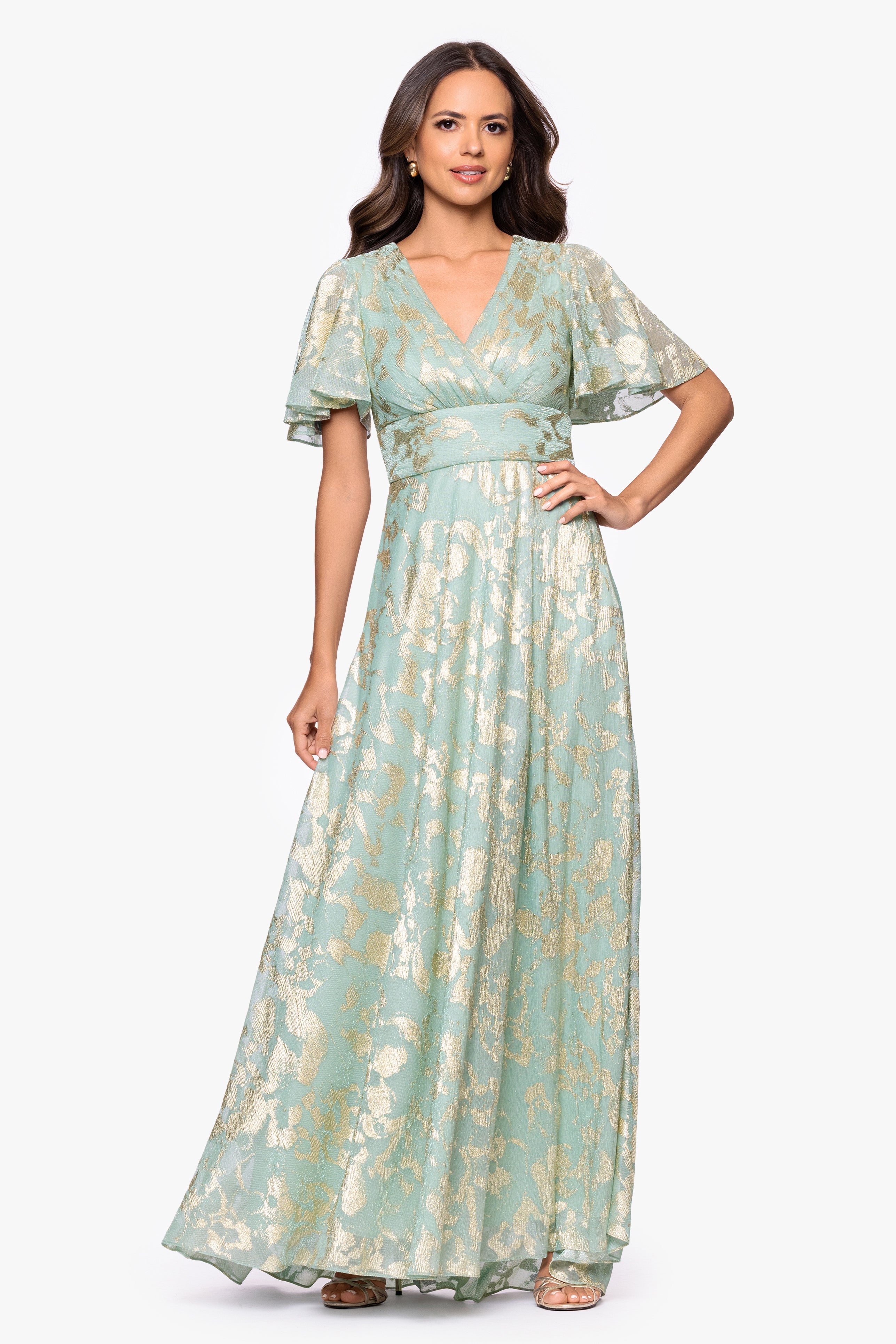 "Polly" Metallic Print Flutter Sleeve Floor Length Dress
