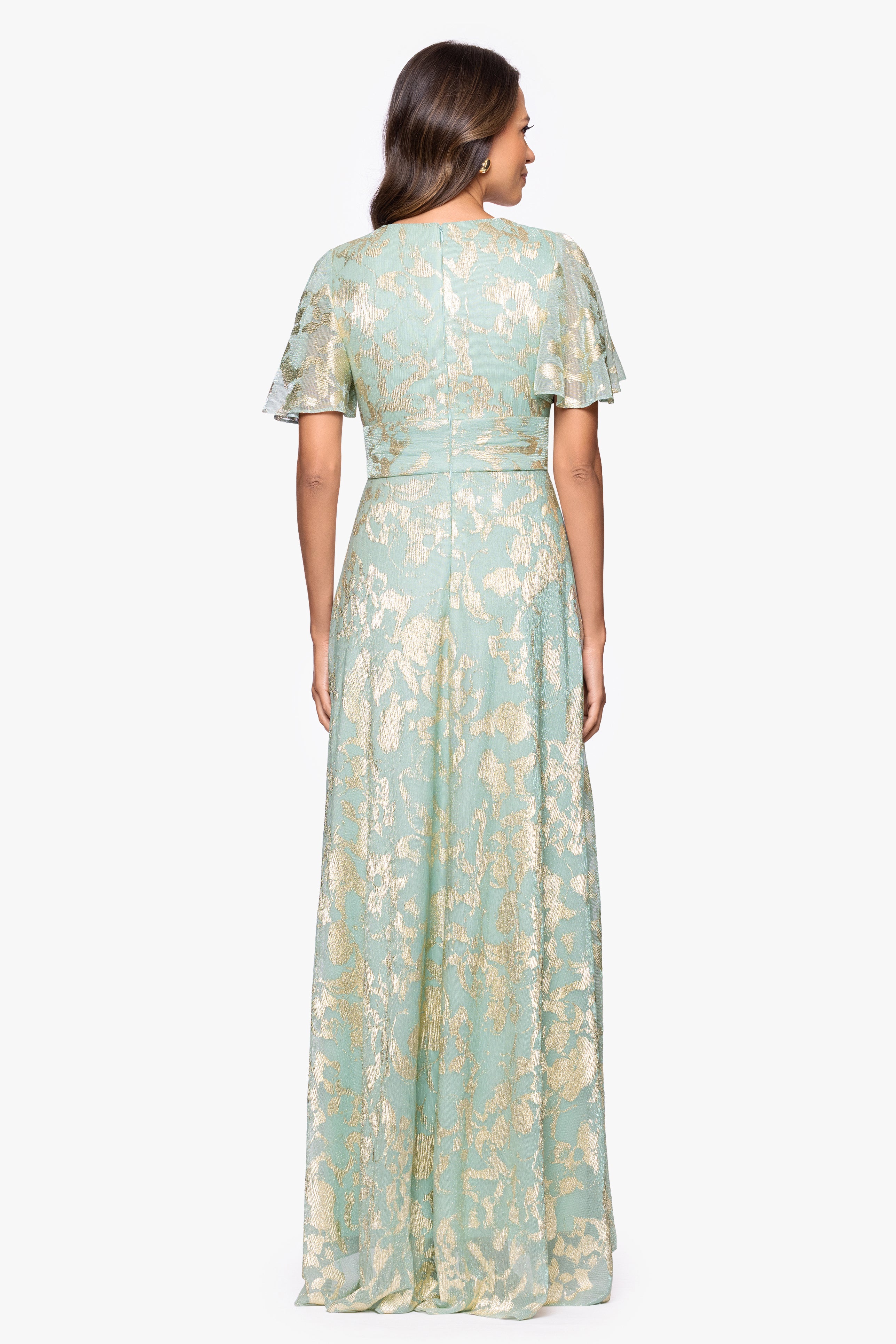 "Polly" Metallic Print Flutter Sleeve Floor Length Dress