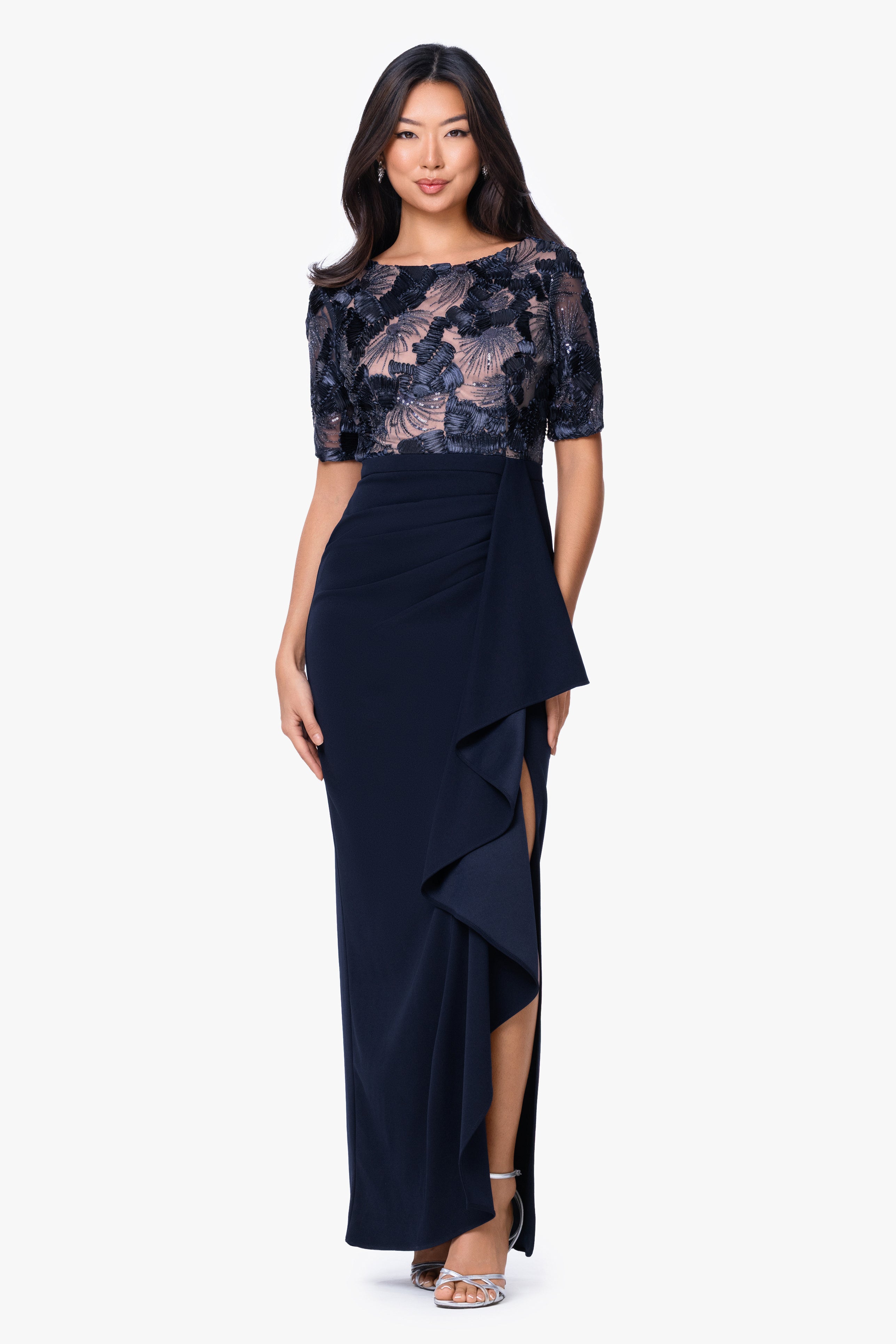 "Mel" Soutache and Scuba Crepe Floor Length Dress