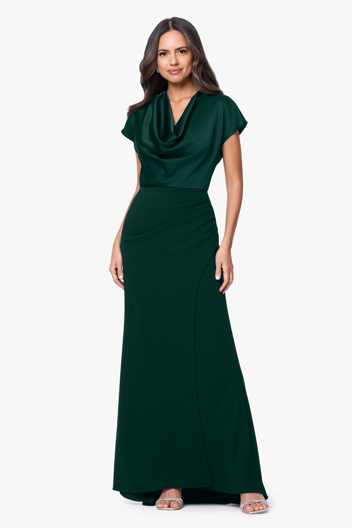 "Rinna" Scuba Crepe & Satin Cowl Neck Dress