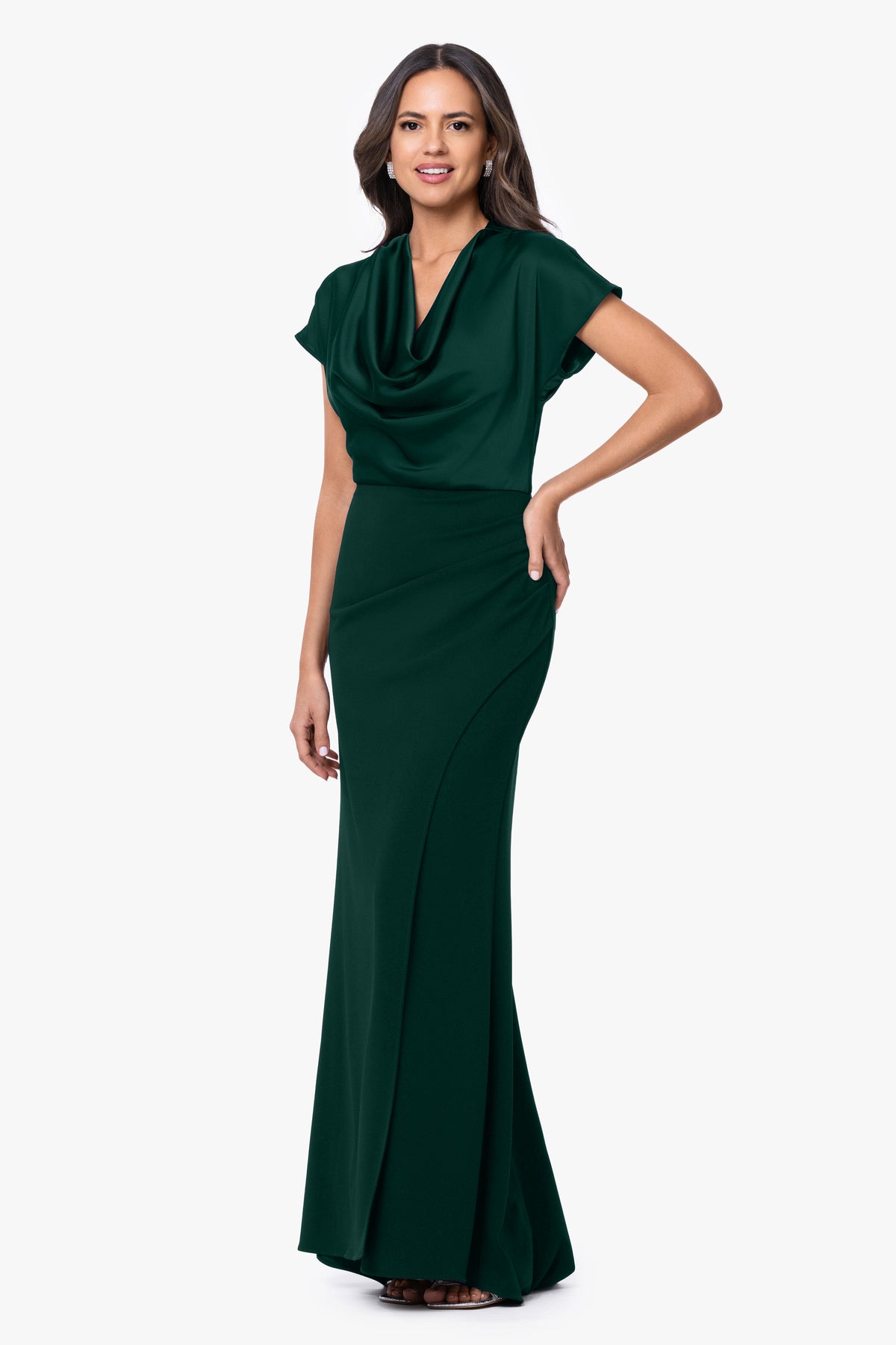 "Rinna" Scuba Crepe & Satin Cowl Neck Dress